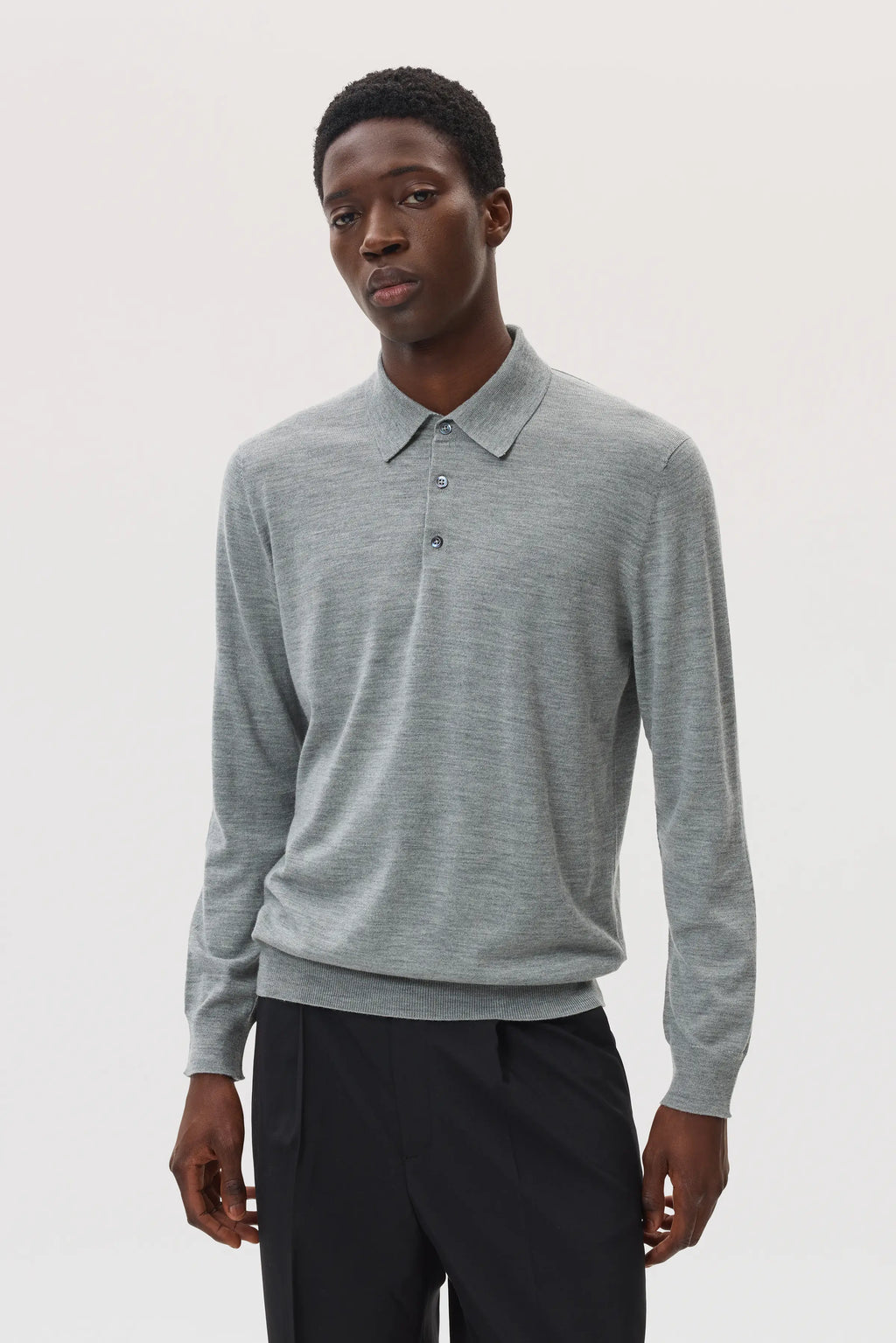 Johnstons of Elgin - Merino Long Sleeve Light Grey Polo Shirt