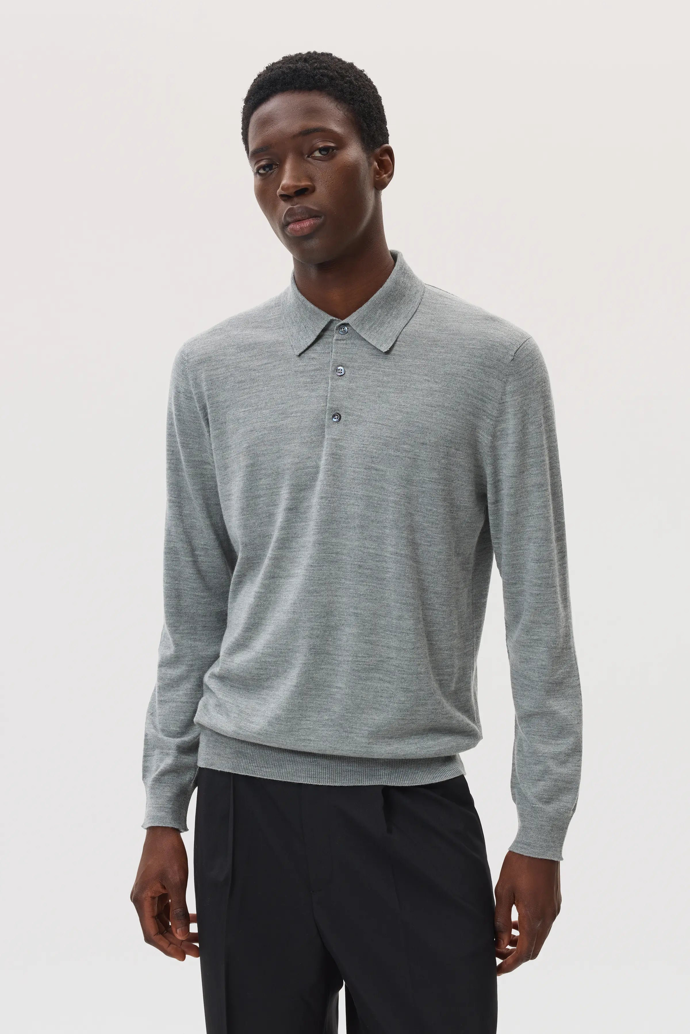 Johnstons of Elgin - Merino Long Sleeve Light Grey Polo Shirt