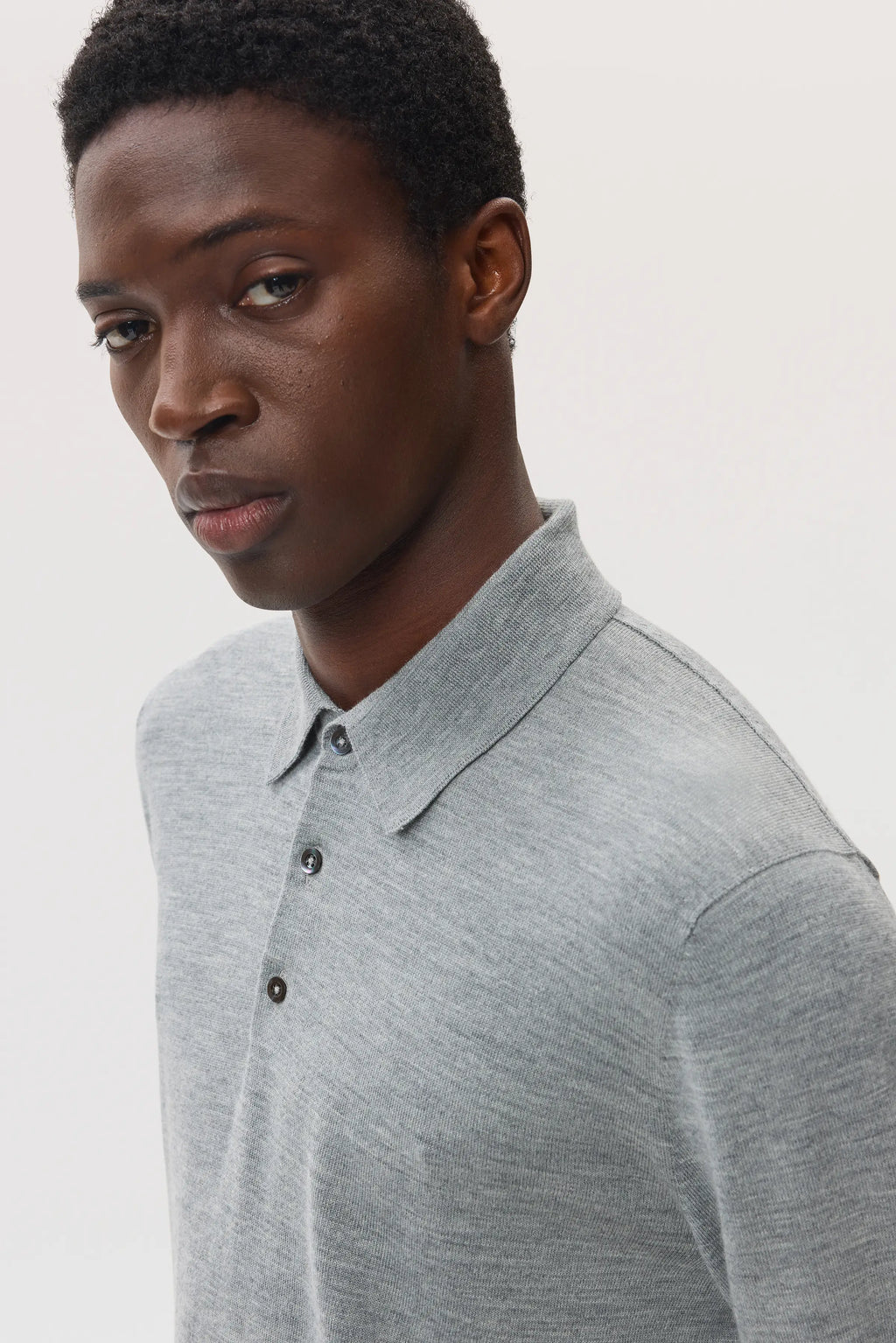 Johnstons of Elgin - Merino Long Sleeve Light Grey Polo Shirt