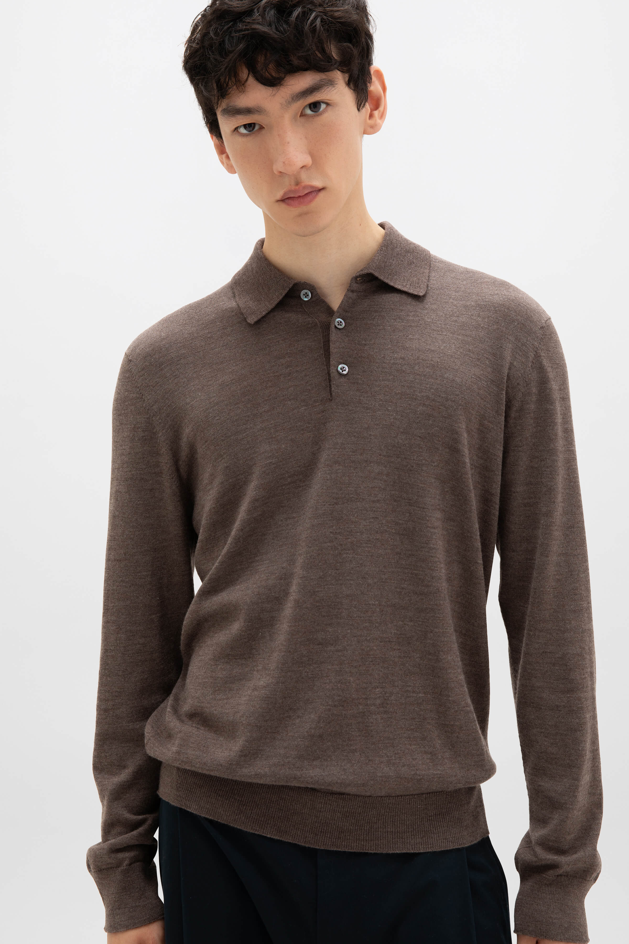 Johnstons of Elgin - Merino Long Sleeve Light Brown Polo Shirt