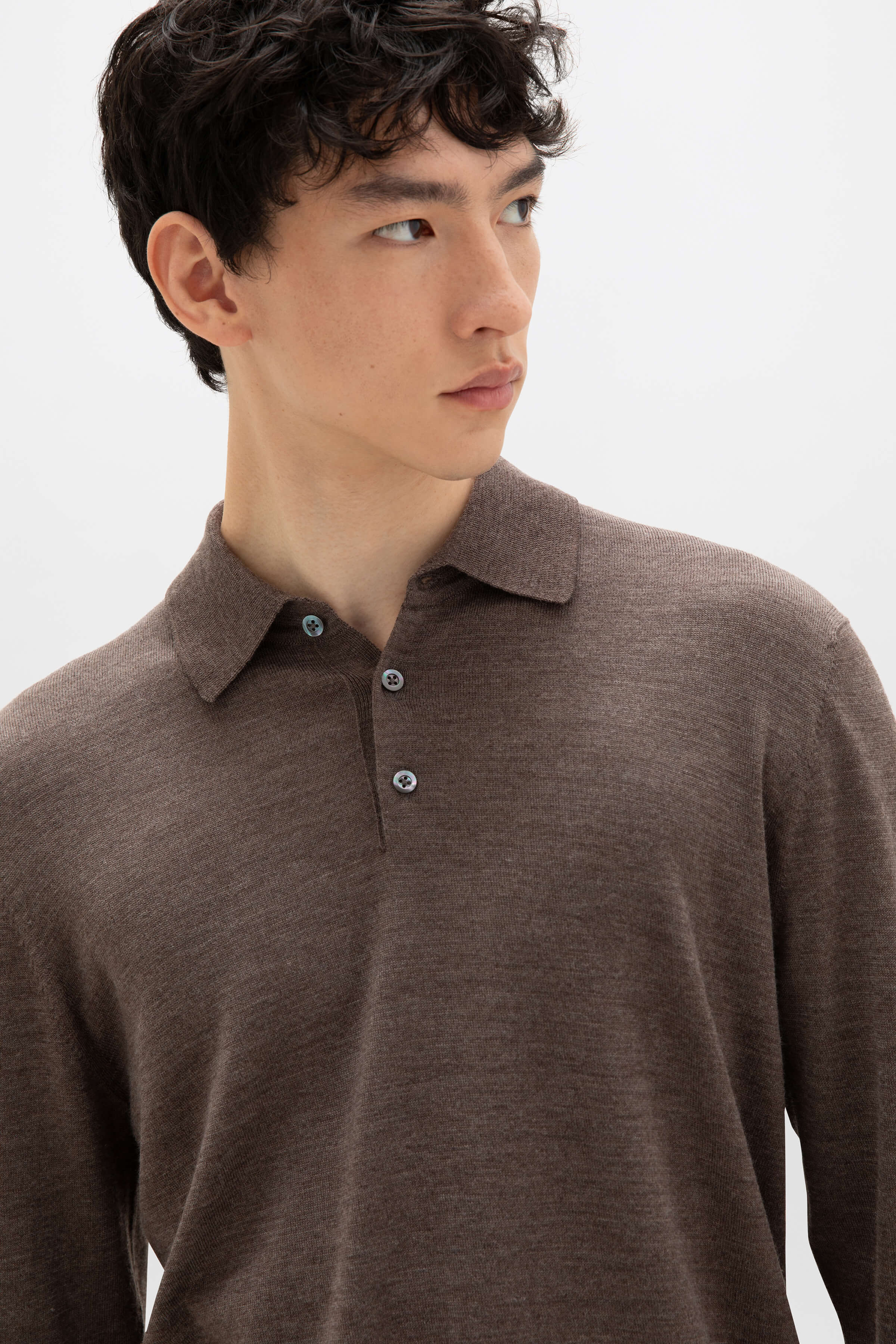 Johnstons of Elgin - Merino Long Sleeve Light Brown Polo Shirt