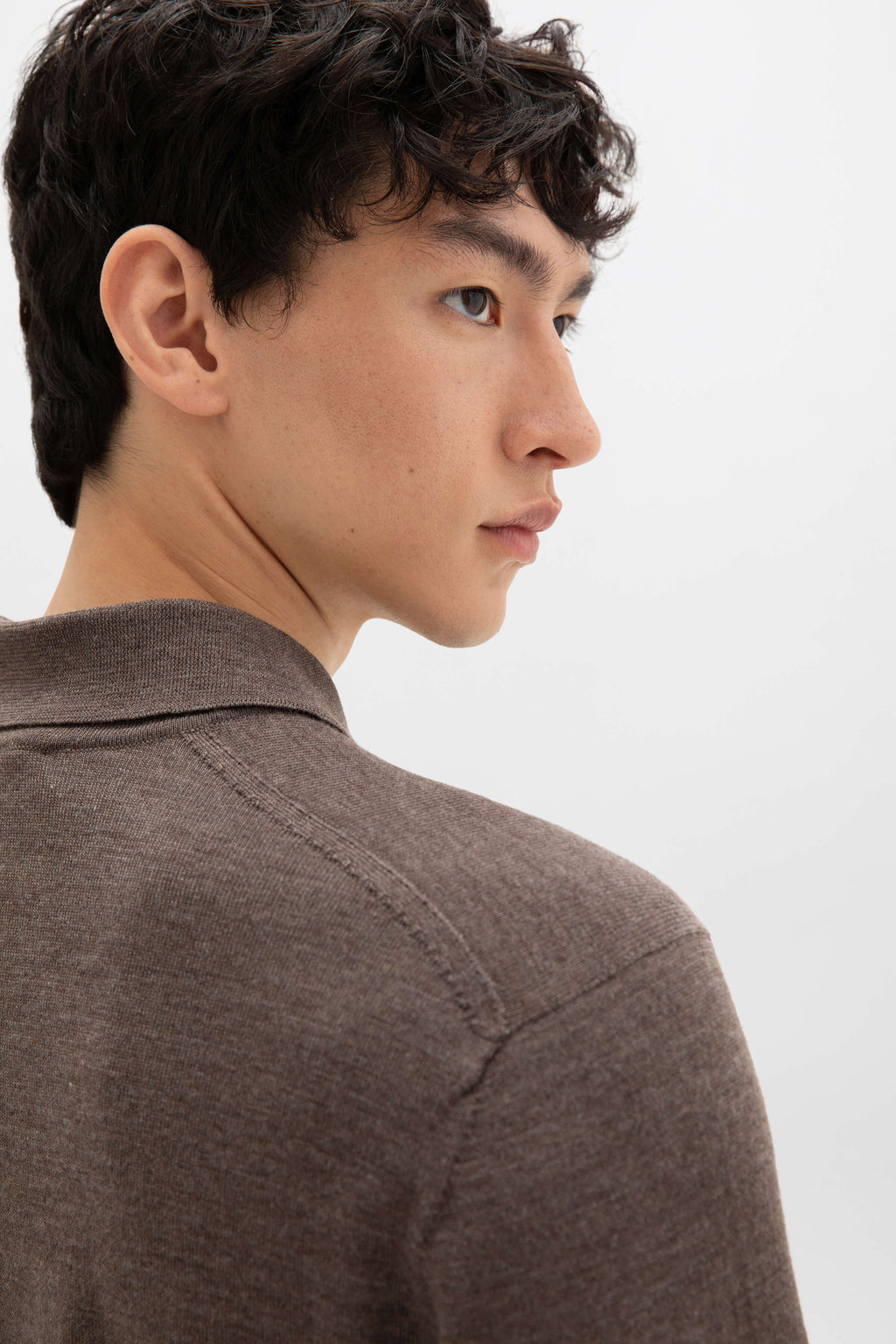 Johnstons of Elgin - Merino Long Sleeve Light Brown Polo Shirt