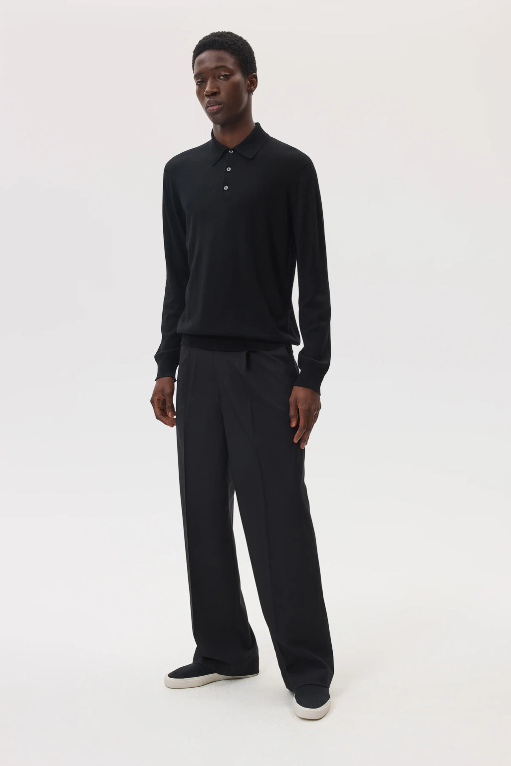 Johnstons of Elgin - Merino Long Sleeve Black Polo Shirt
