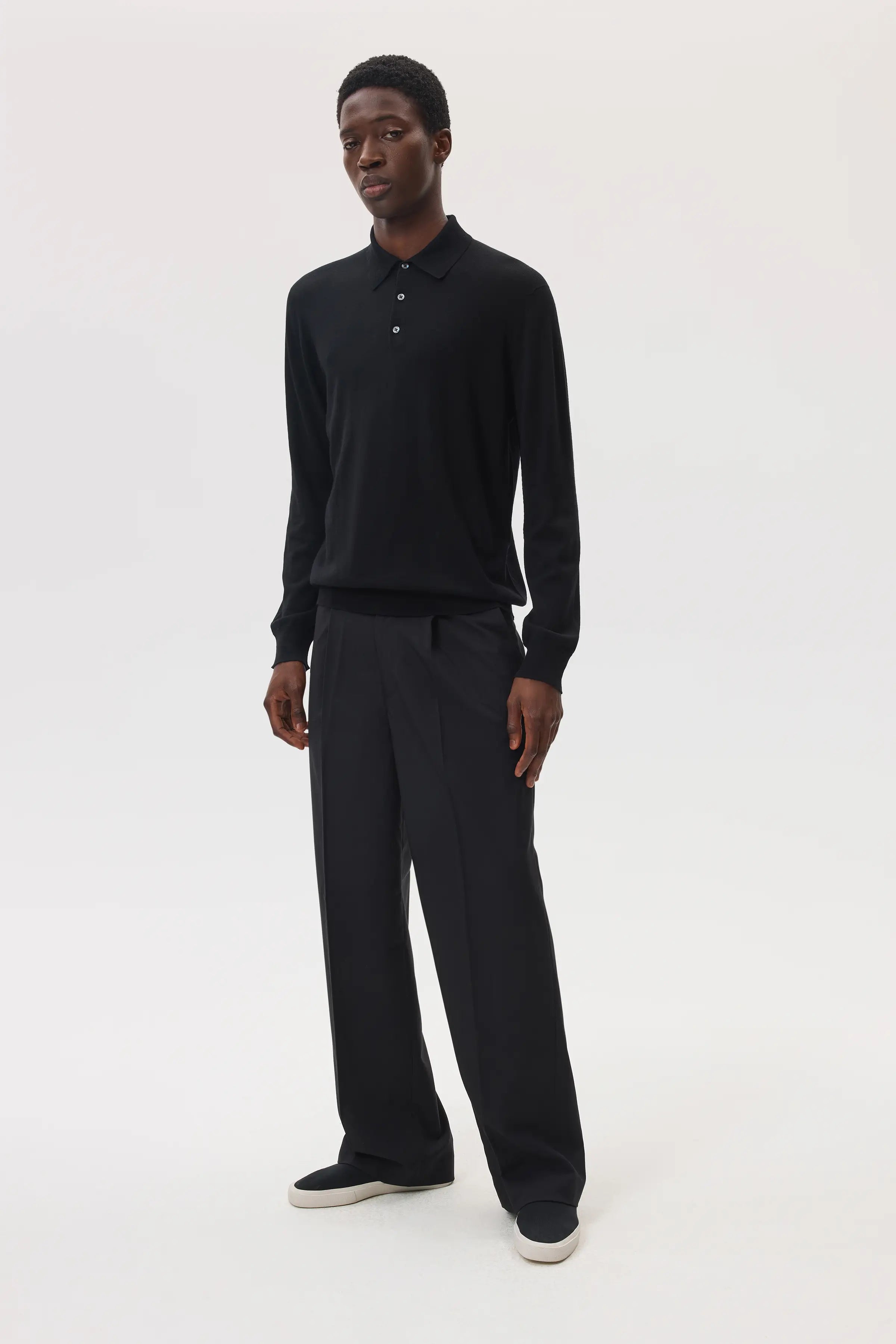 Johnstons of Elgin - Merino Long Sleeve Black Polo Shirt