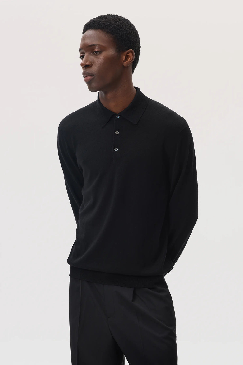 Johnstons of Elgin - Merino Long Sleeve Black Polo Shirt
