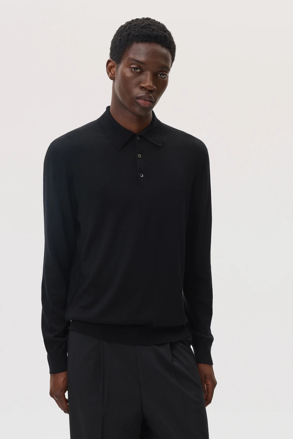 Johnstons of Elgin - Merino Long Sleeve Black Polo Shirt