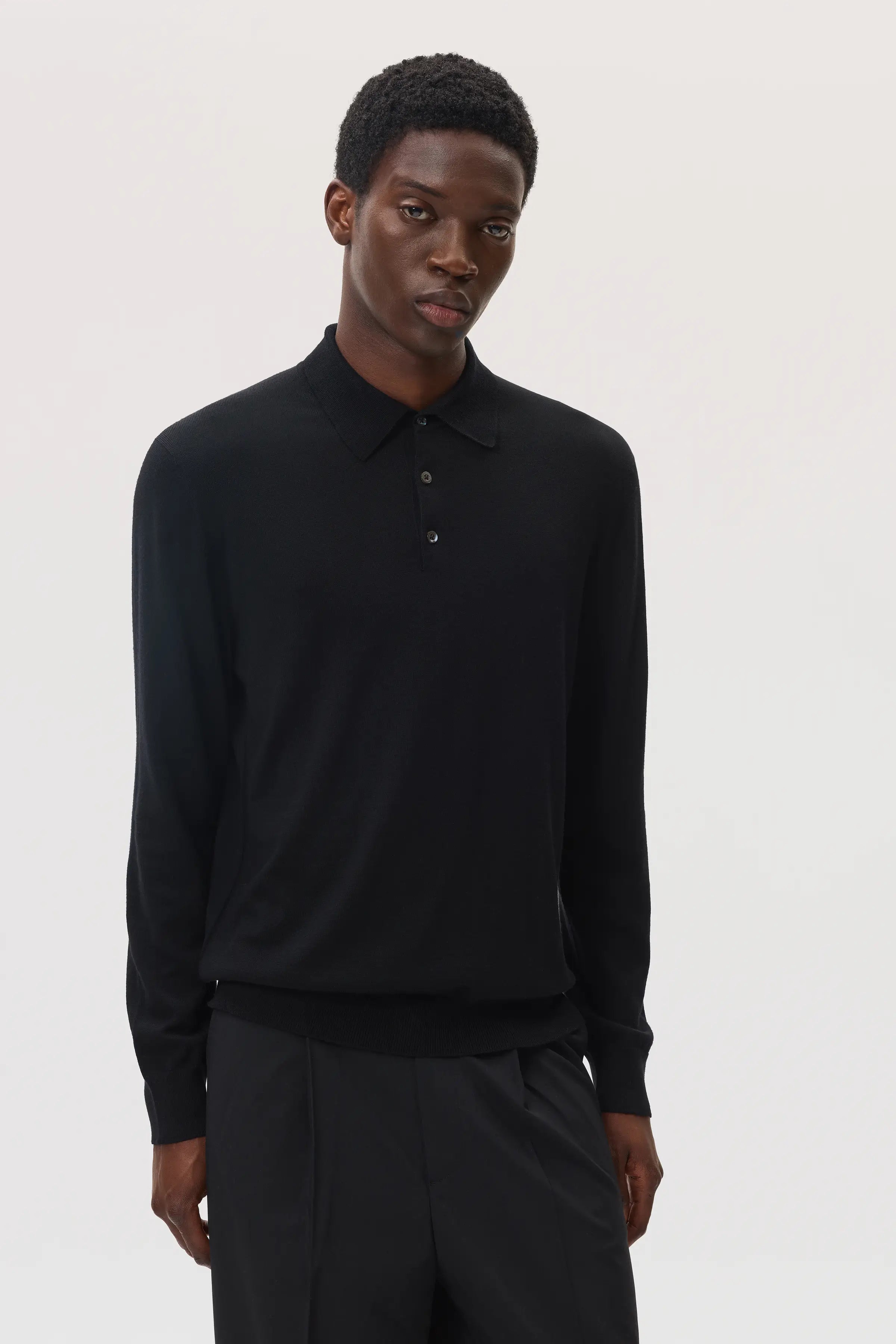 Johnstons of Elgin - Merino Long Sleeve Black Polo Shirt