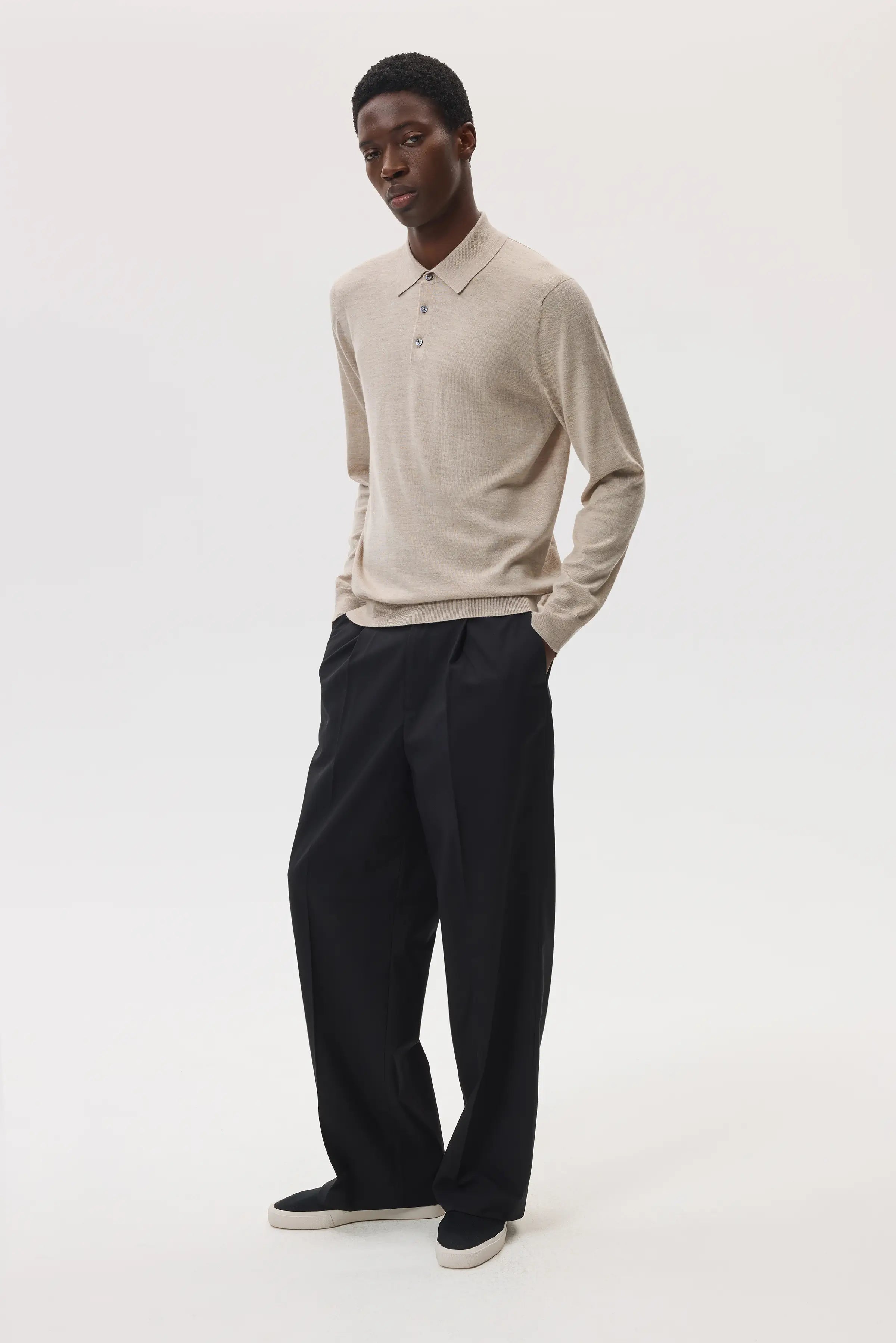 Johnstons of Elgin - Merino Long Sleeve Natural Polo Shirt