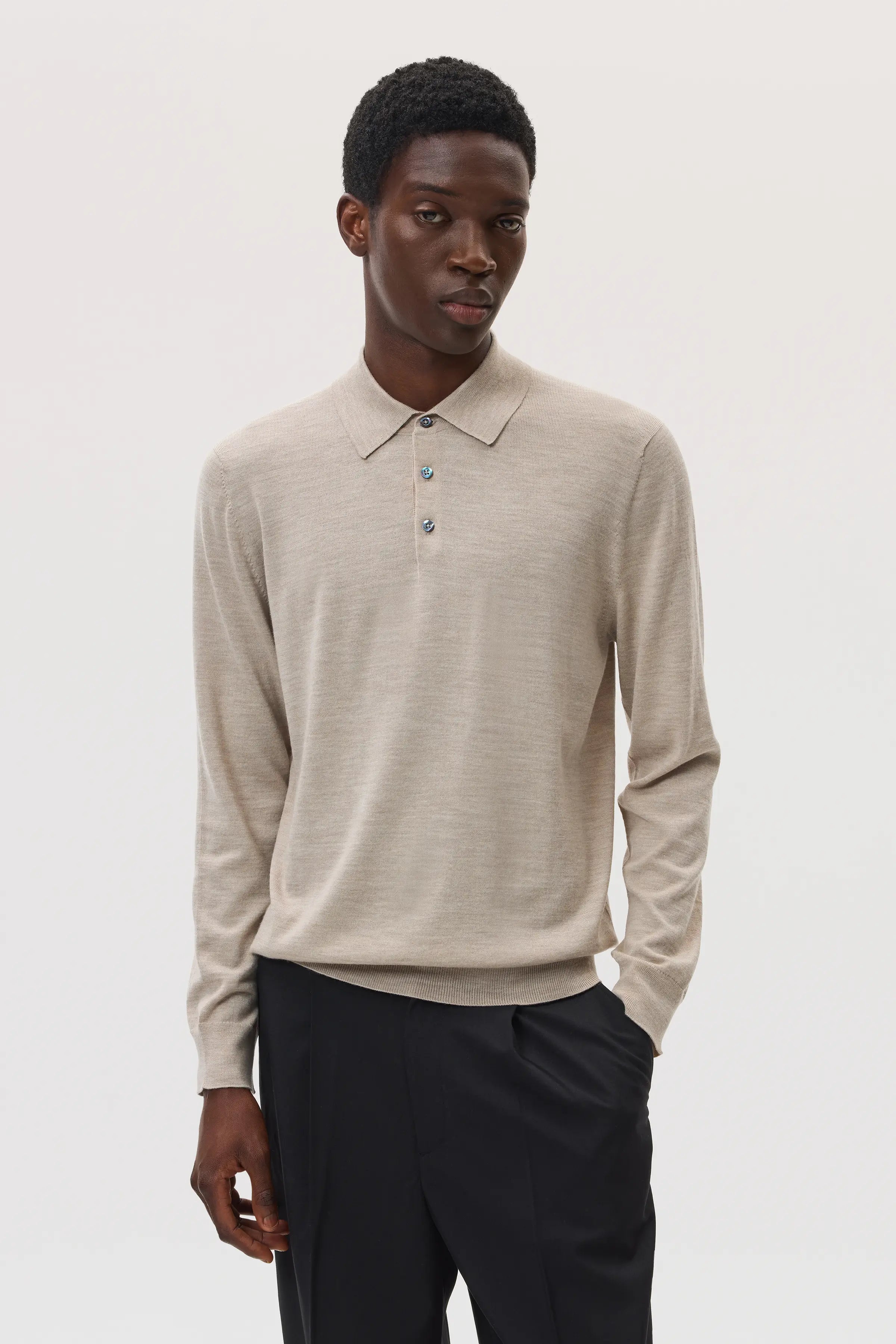 Johnstons of Elgin - Merino Long Sleeve Natural Polo Shirt
