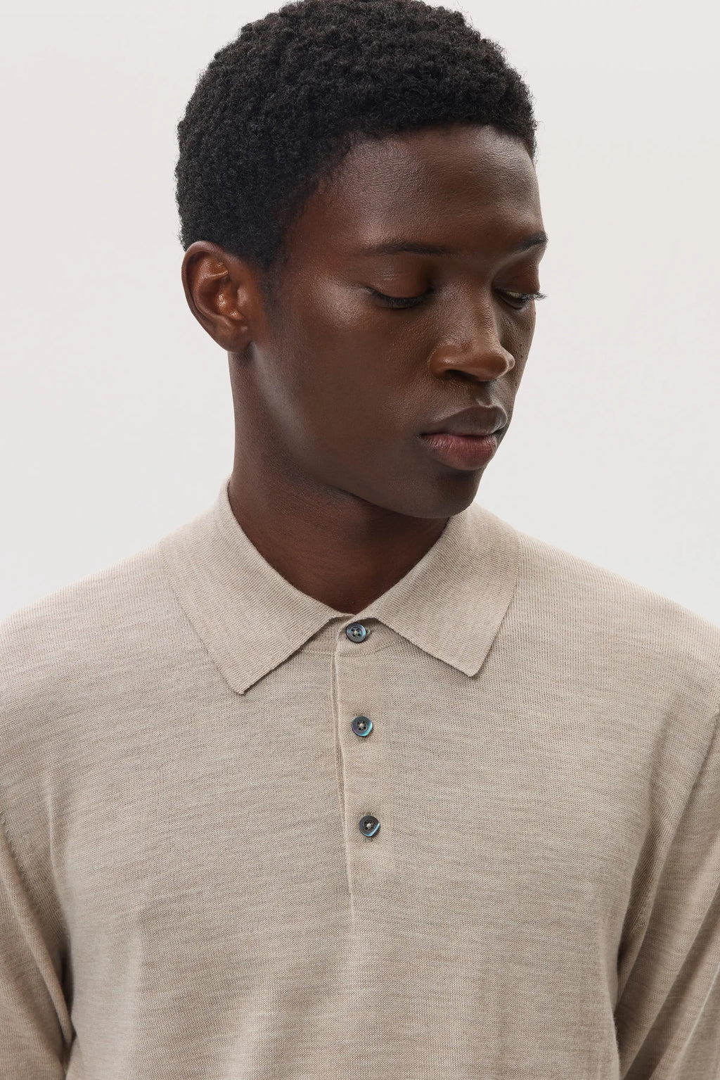 Johnstons of Elgin - Merino Long Sleeve Natural Polo Shirt
