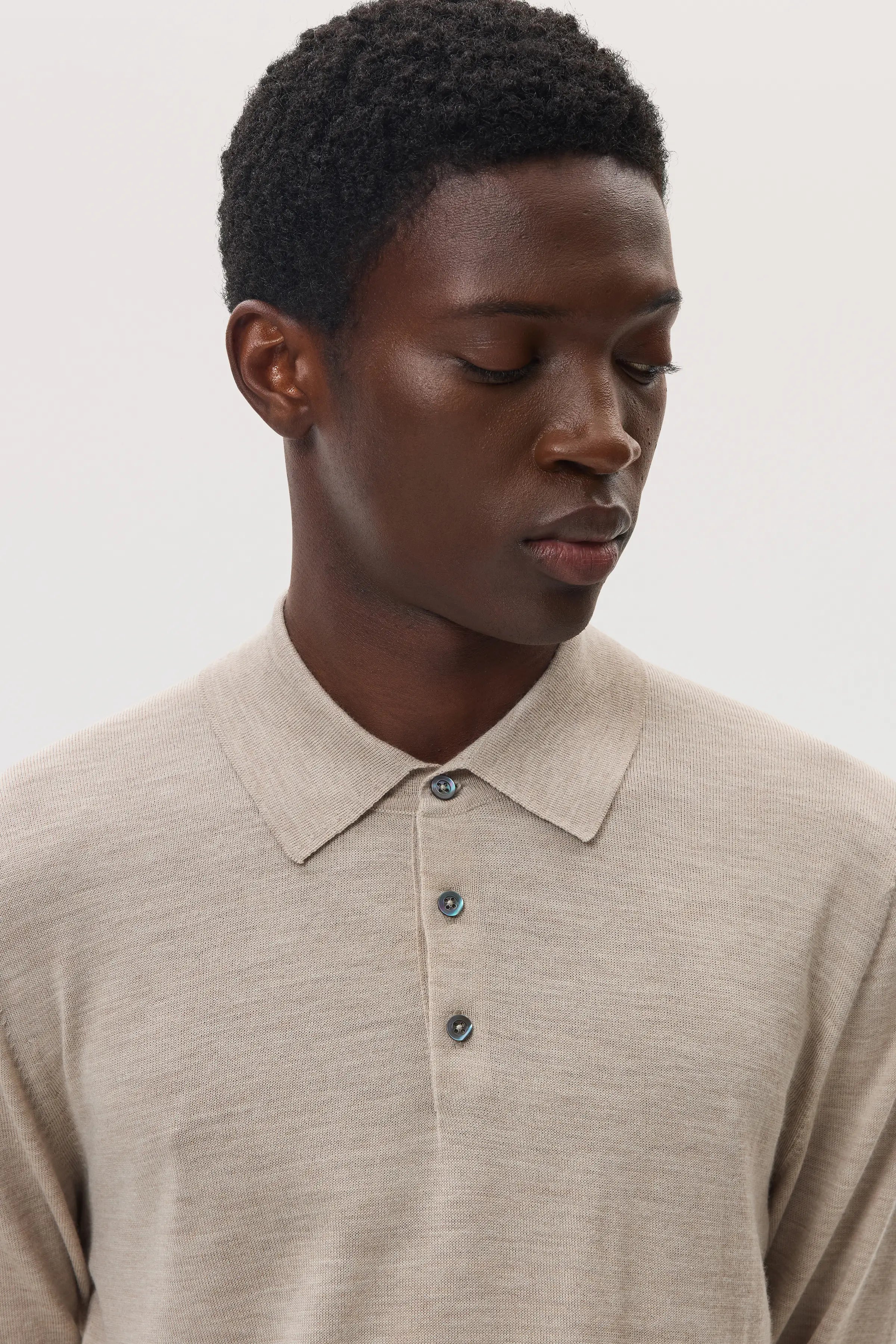 Johnstons of Elgin - Merino Long Sleeve Natural Polo Shirt
