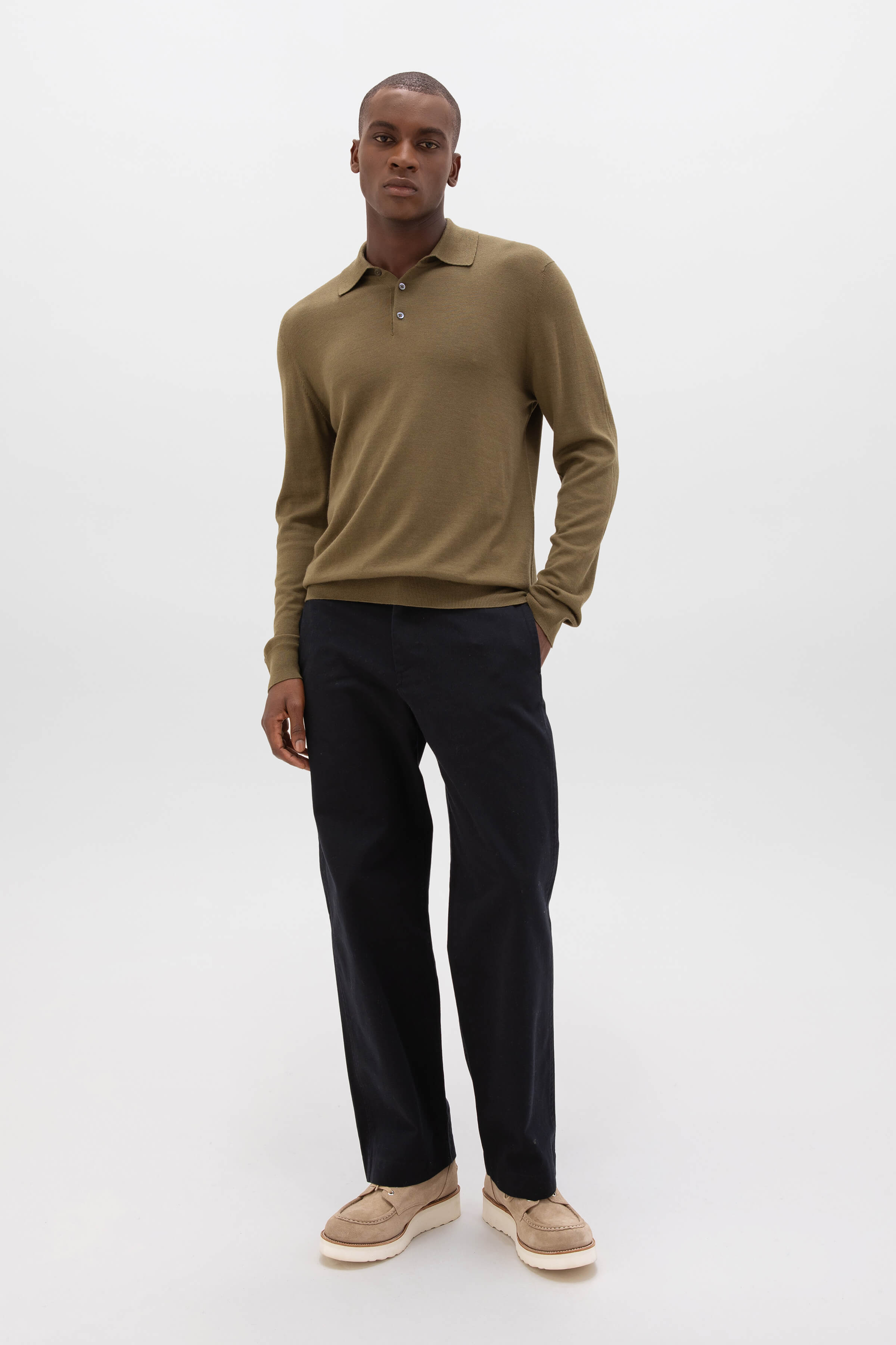 Johnstons of Elgin - Merino Long Sleeve Olive Green Poloshirt