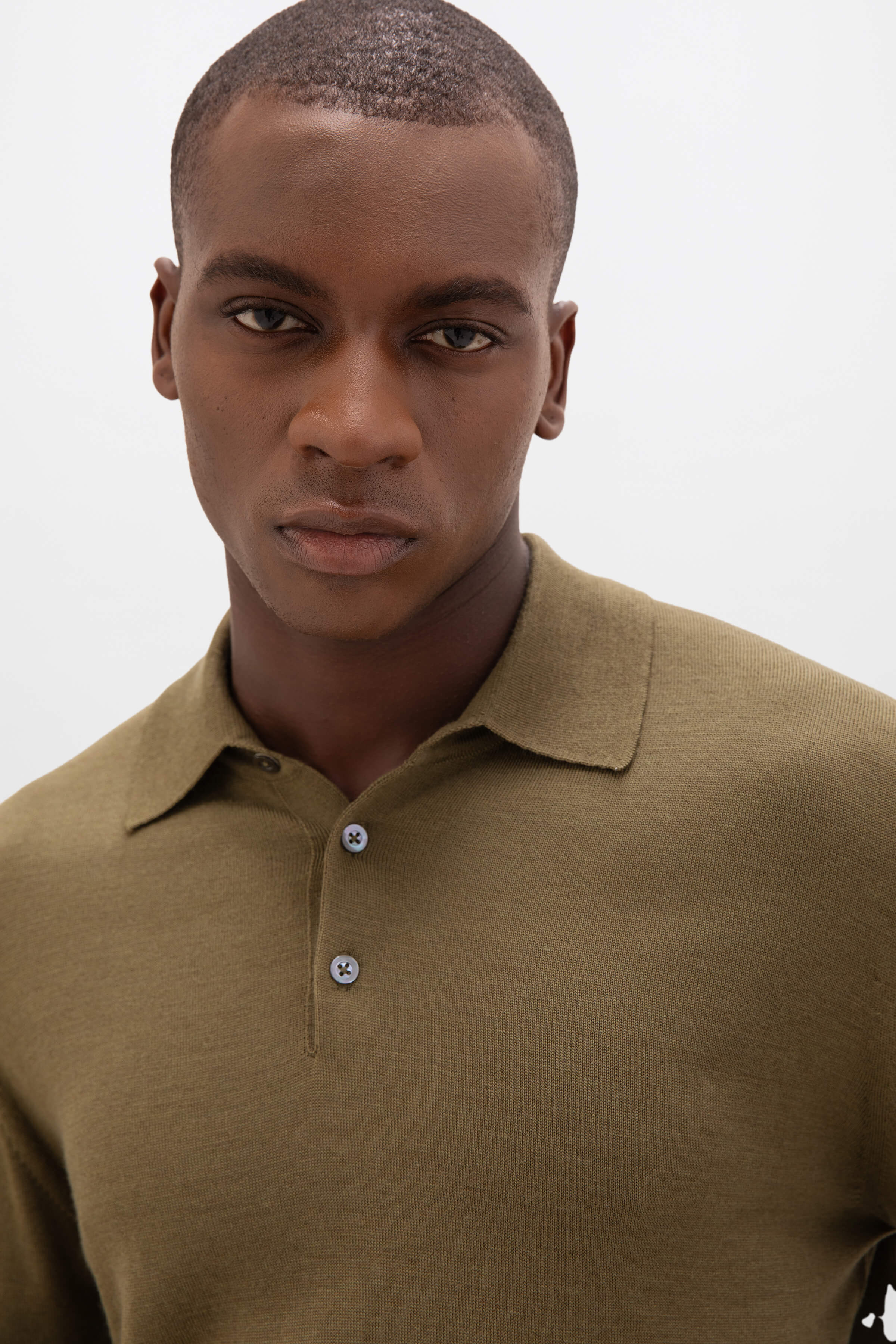 Johnstons of Elgin - Merino Long Sleeve Olive Green Poloshirt