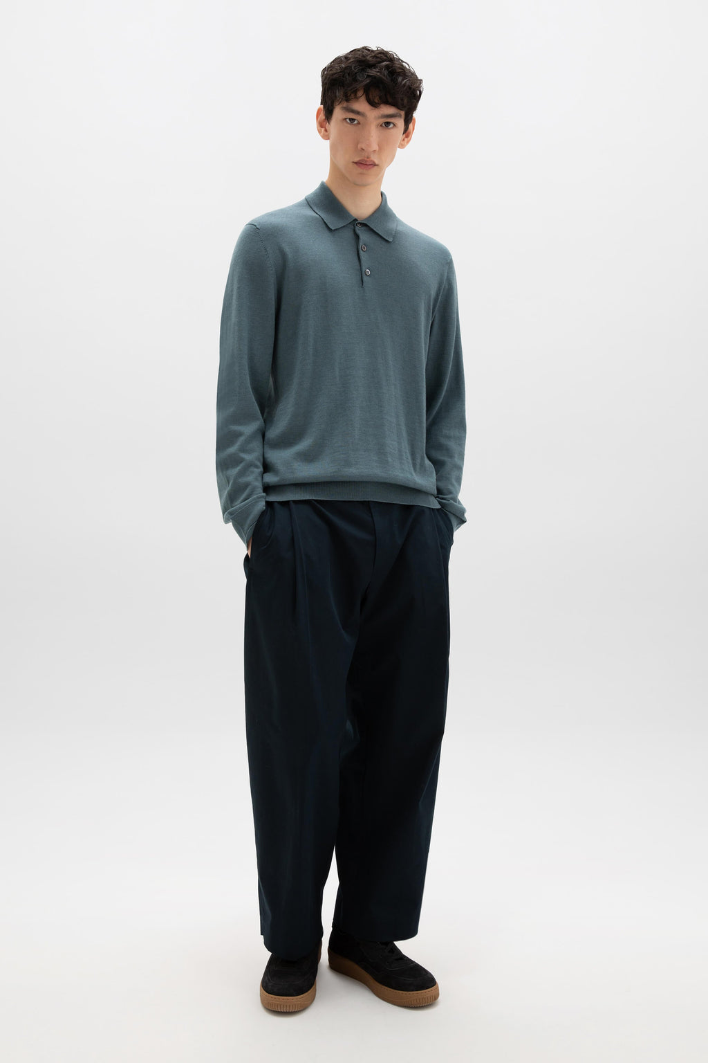 Johnstons of Elgin - Merino Long Sleeve Blue Polo Shirt