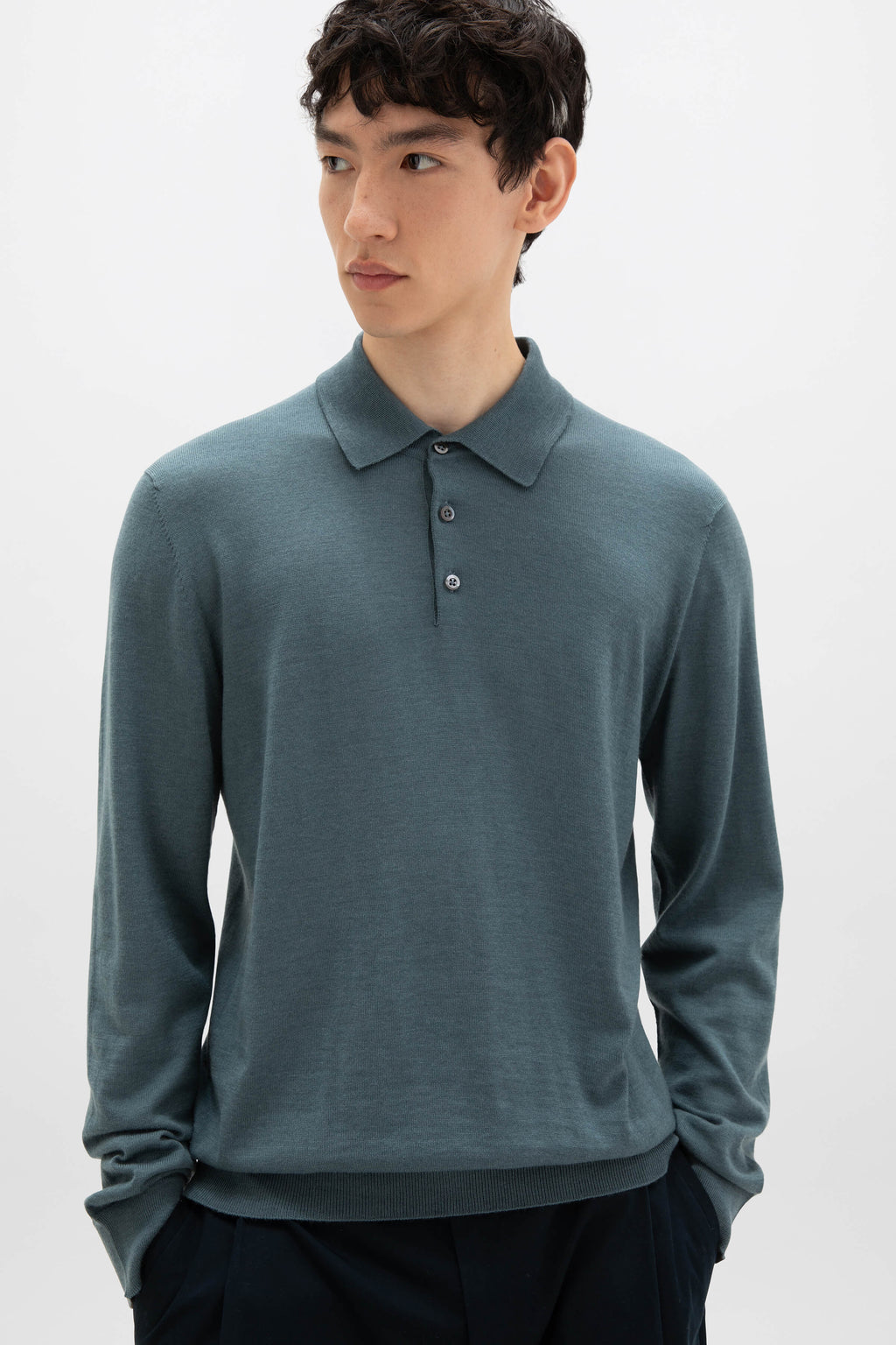 Johnstons of Elgin - Merino Long Sleeve Blue Polo Shirt