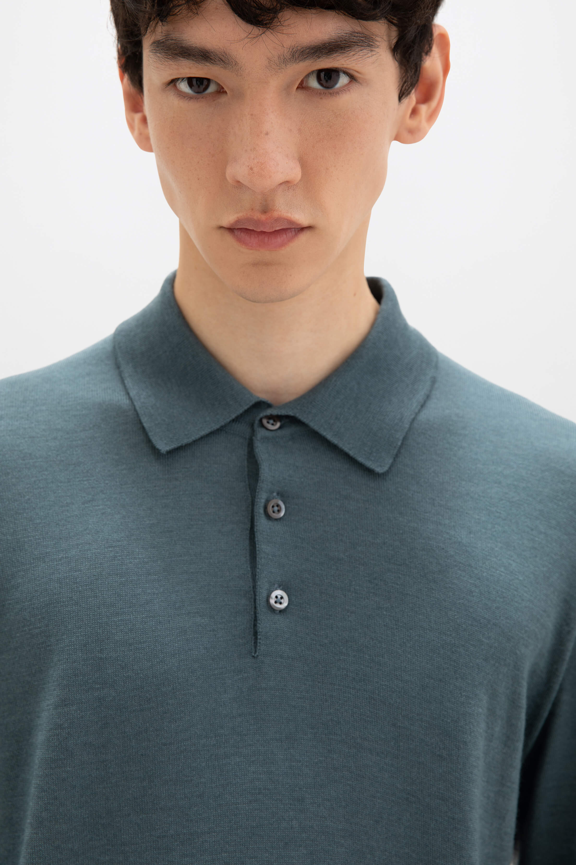 Johnstons of Elgin - Merino Long Sleeve Blue Polo Shirt