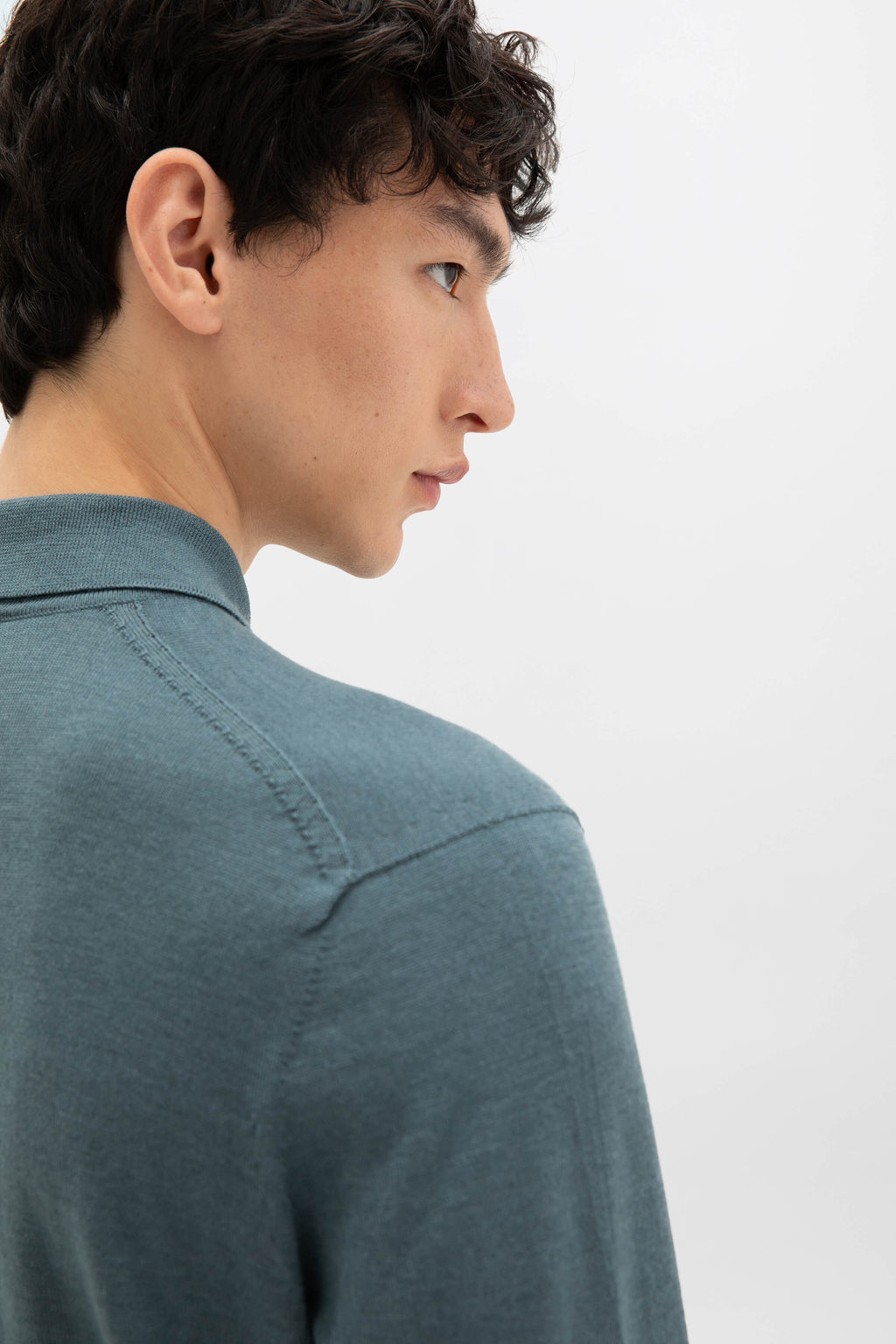 Johnstons of Elgin - Merino Long Sleeve Blue Polo Shirt