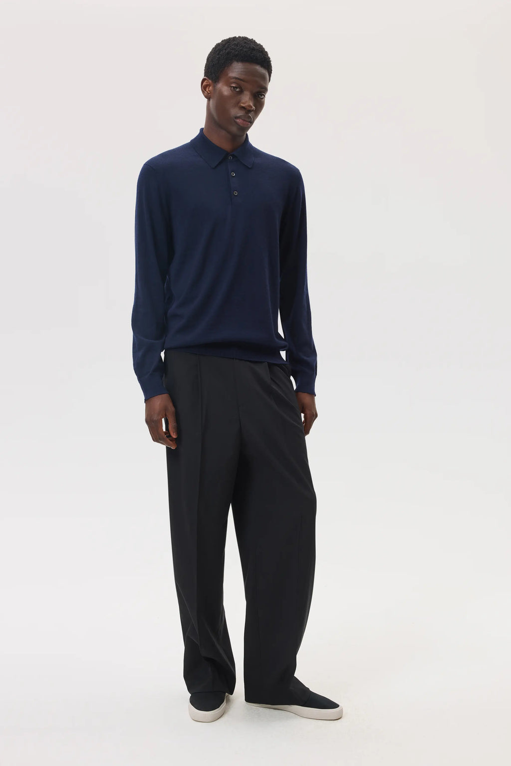 Johnstons of Elgin - Merino Long Sleeve Dark Navy Polo Shirt