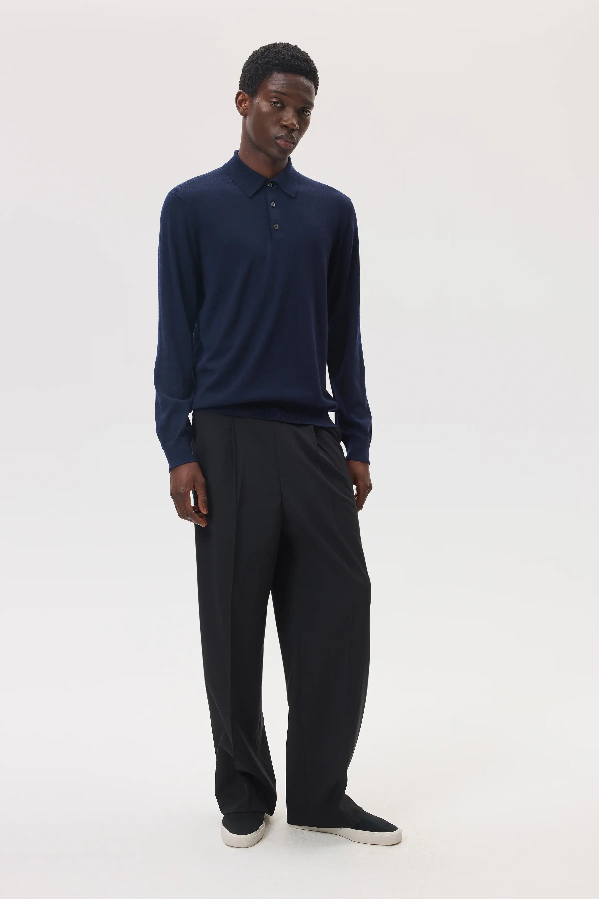 Johnstons of Elgin - Merino Long Sleeve Dark Navy Polo Shirt