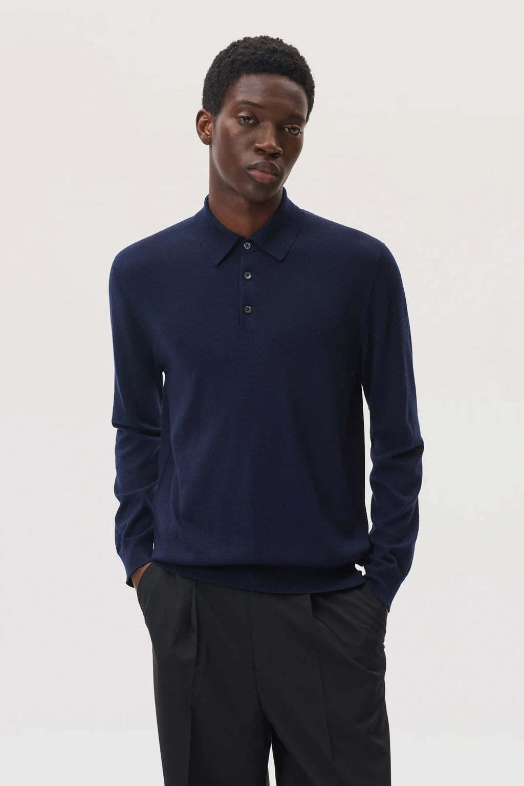 Johnstons of Elgin - Merino Long Sleeve Dark Navy Polo Shirt