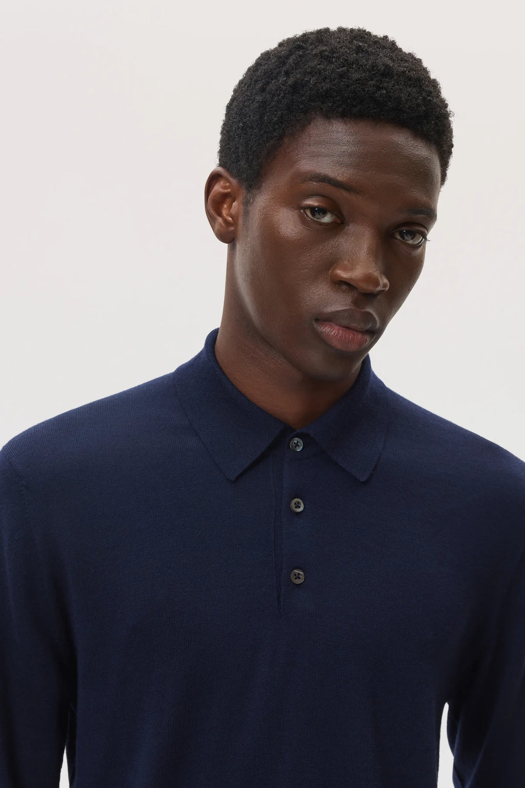 Johnstons of Elgin - Merino Long Sleeve Dark Navy Polo Shirt