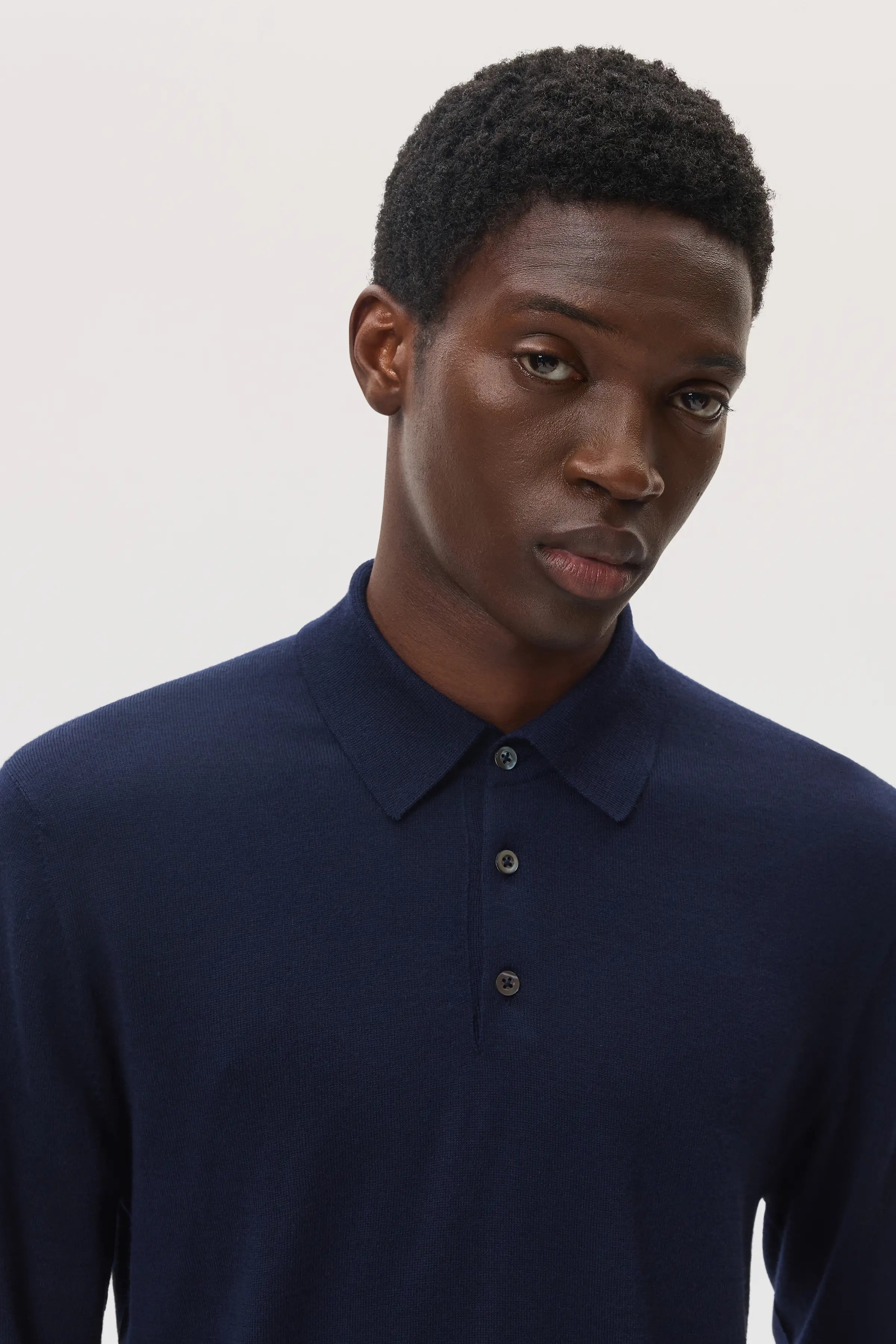 Johnstons of Elgin - Merino Long Sleeve Dark Navy Polo Shirt