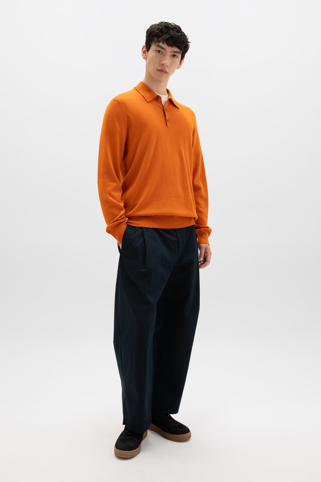 Johnstons of Elgin - Merino Long Sleeve Orange Polo Shirt