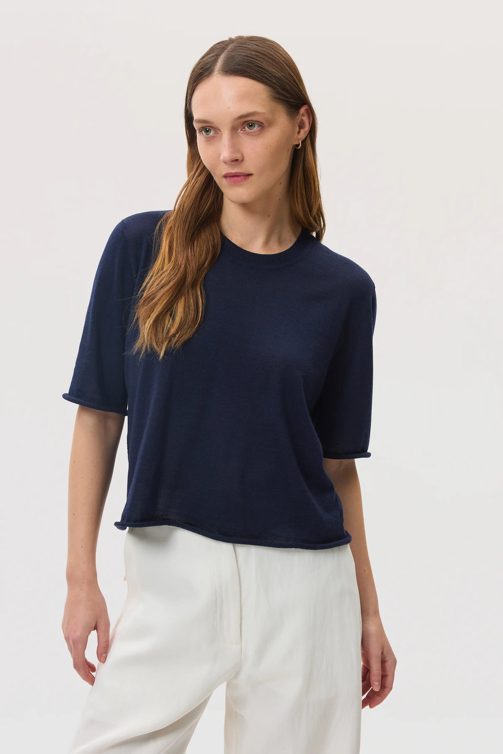Johnstons of Elgin - Superfine Merino Wool Dark Navy T - Shirt