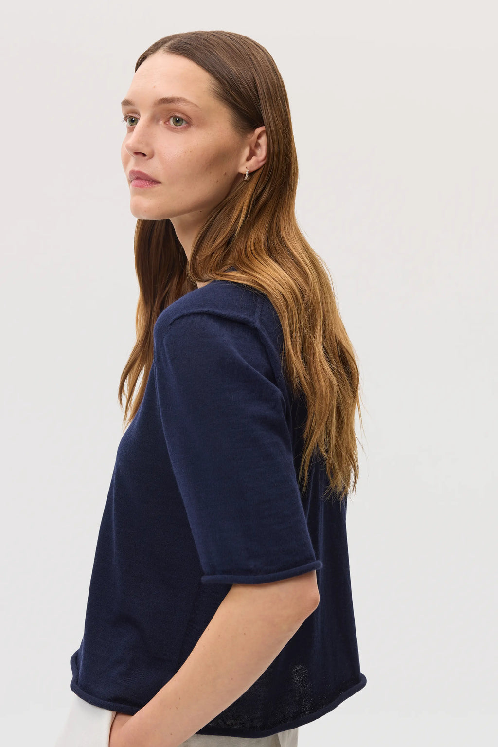 Johnstons of Elgin - Superfine Merino Wool Dark Navy T - Shirt