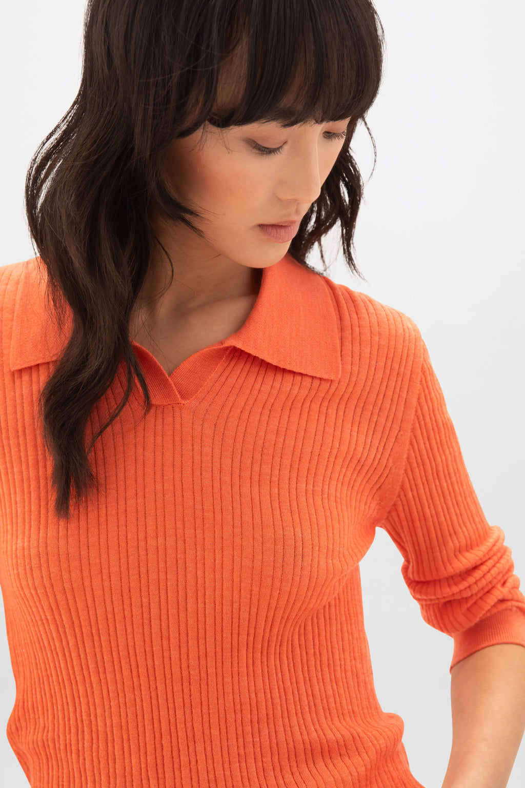Johnstons of Elgin - Superfine Merino Ladder Rib Orange Polo Shirt
