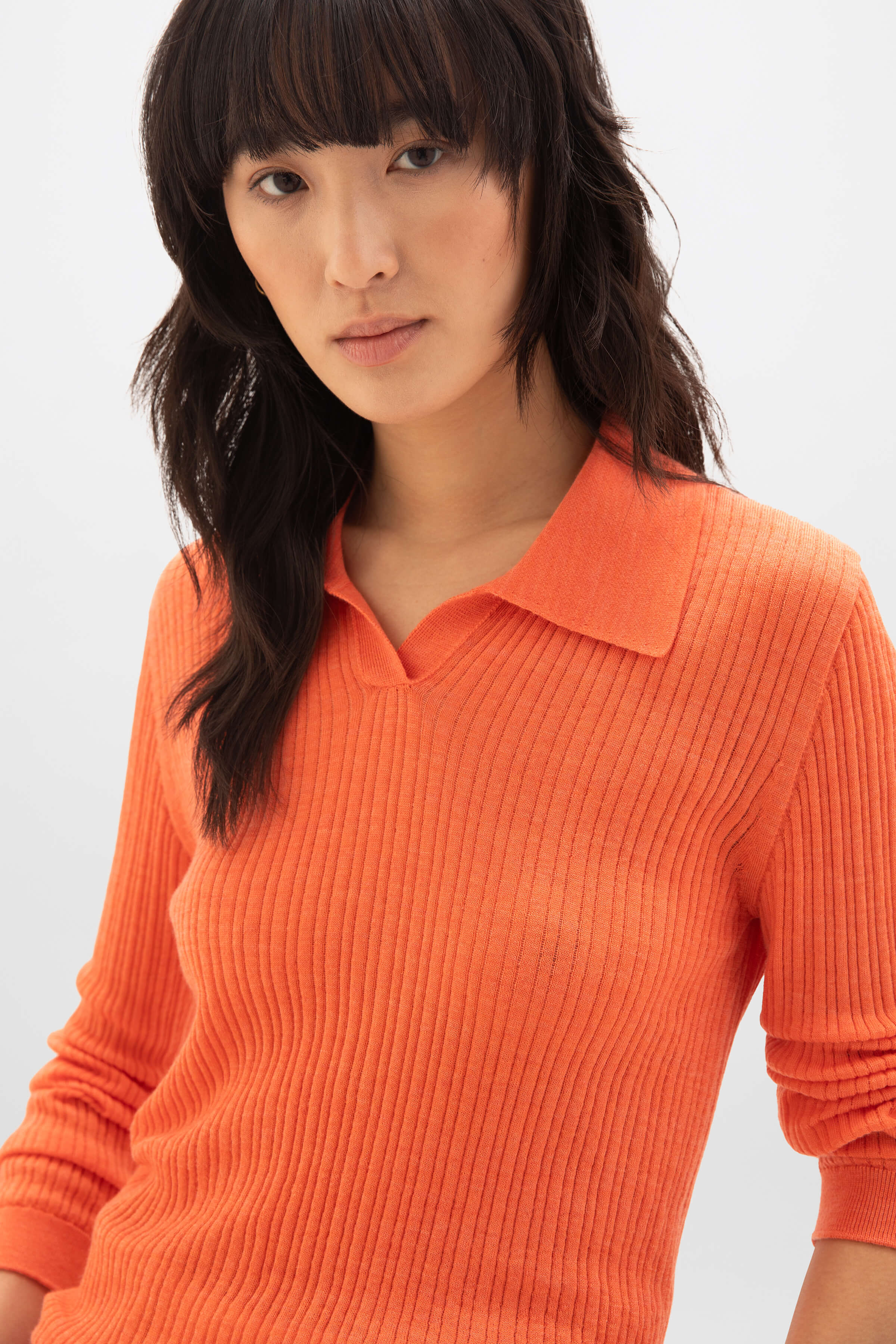 Johnstons of Elgin - Superfine Merino Ladder Rib Orange Polo Shirt
