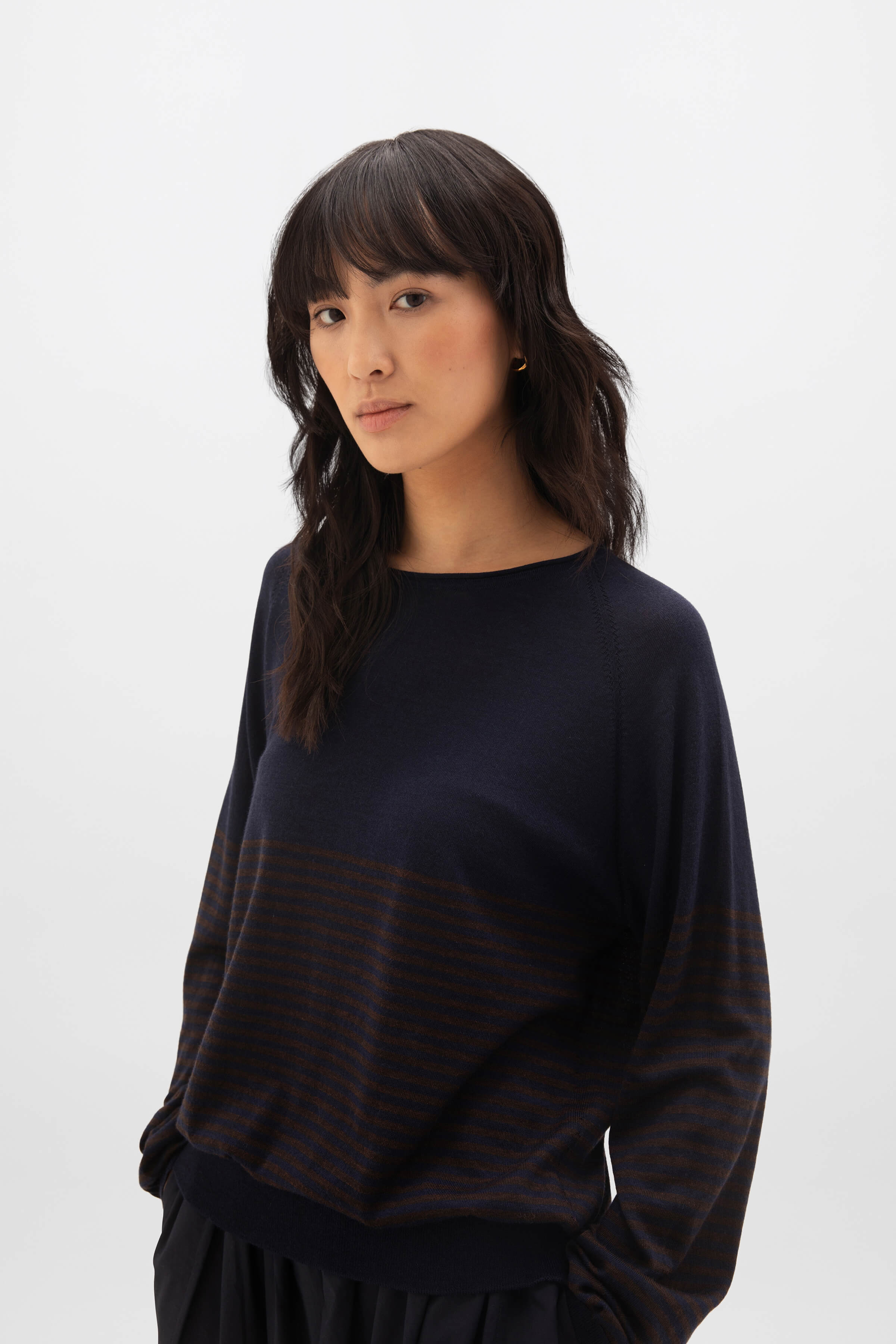 Johnstons of Elgin - Superfine Merino Bateau Stripe Dark Brown Sweater