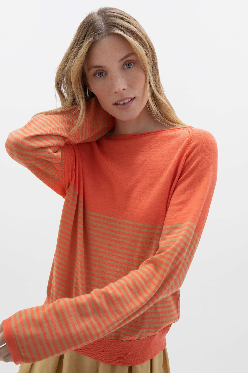 Johnstons of Elgin - Superfine Merino Bateau Stripe Orange Sweater