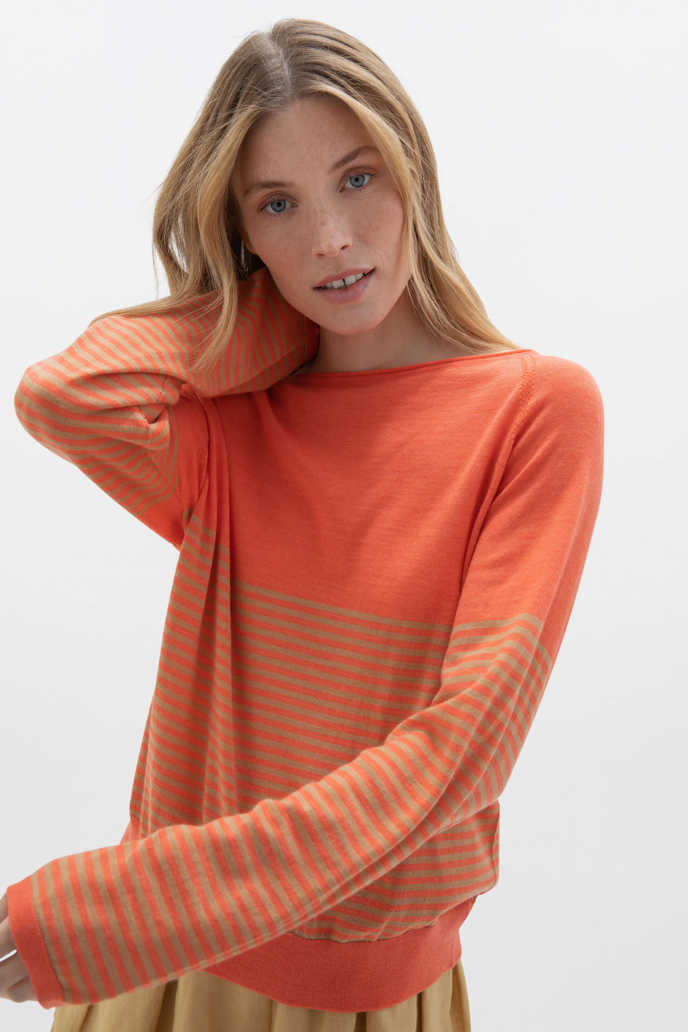 Johnstons of Elgin - Superfine Merino Bateau Stripe Orange Sweater