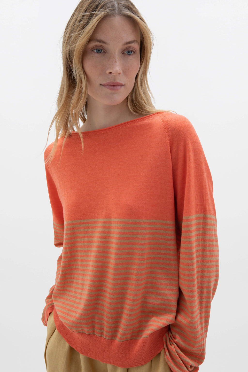Johnstons of Elgin - Superfine Merino Bateau Stripe Orange Sweater