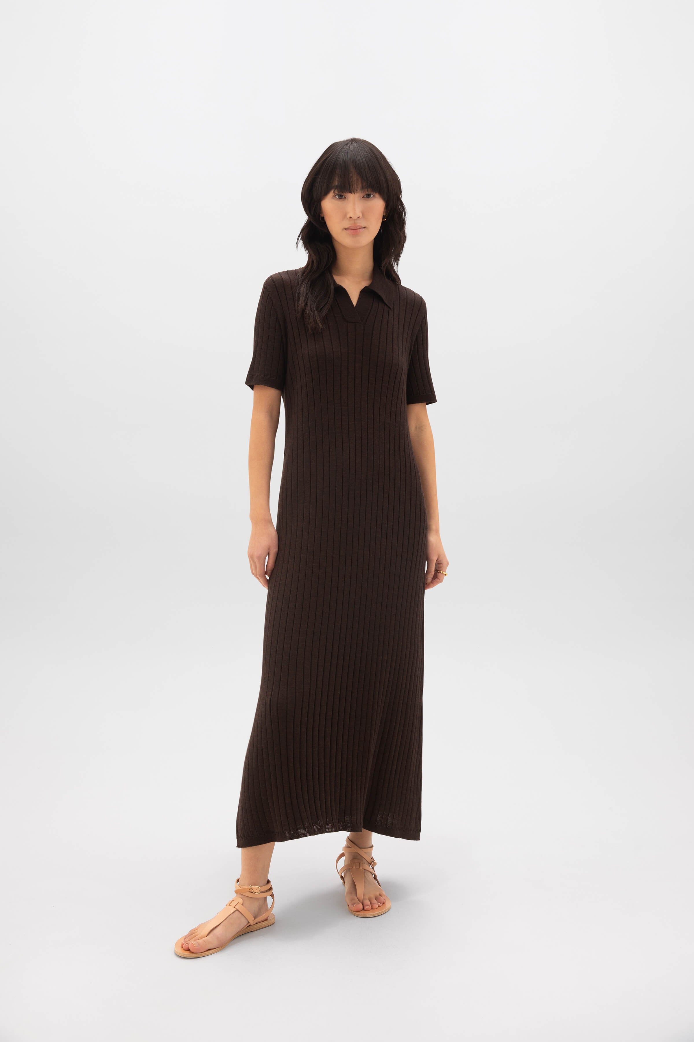 Johnstons of Elgin - Superfine Merino Ribbed Dark Brown Polo Shirt Dress