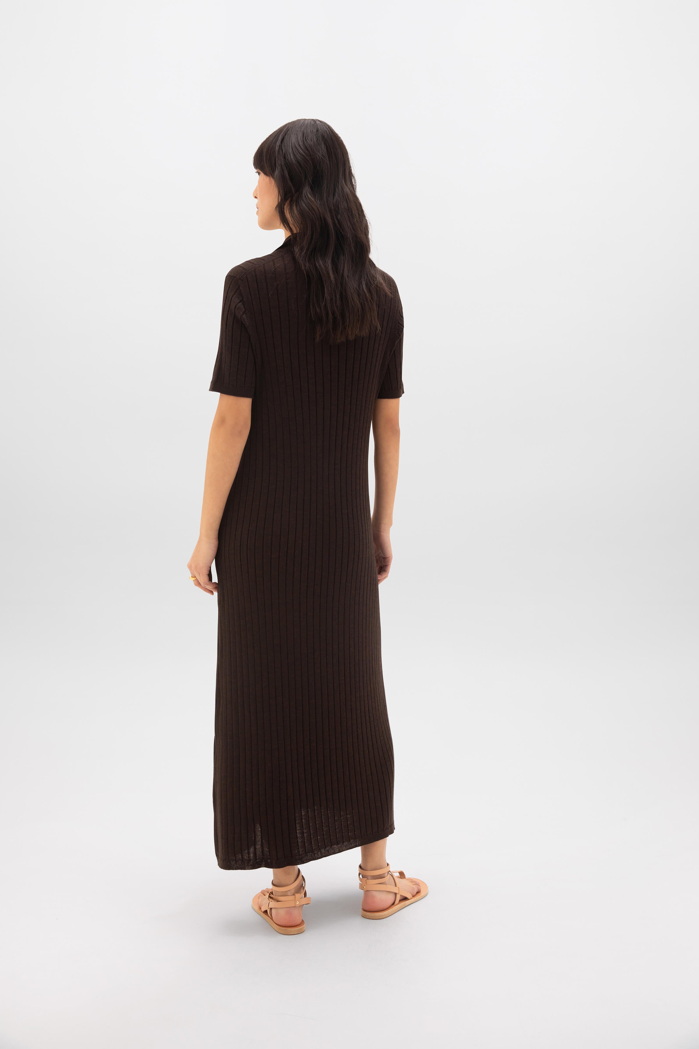 Johnstons of Elgin - Superfine Merino Ribbed Dark Brown Polo Shirt Dress