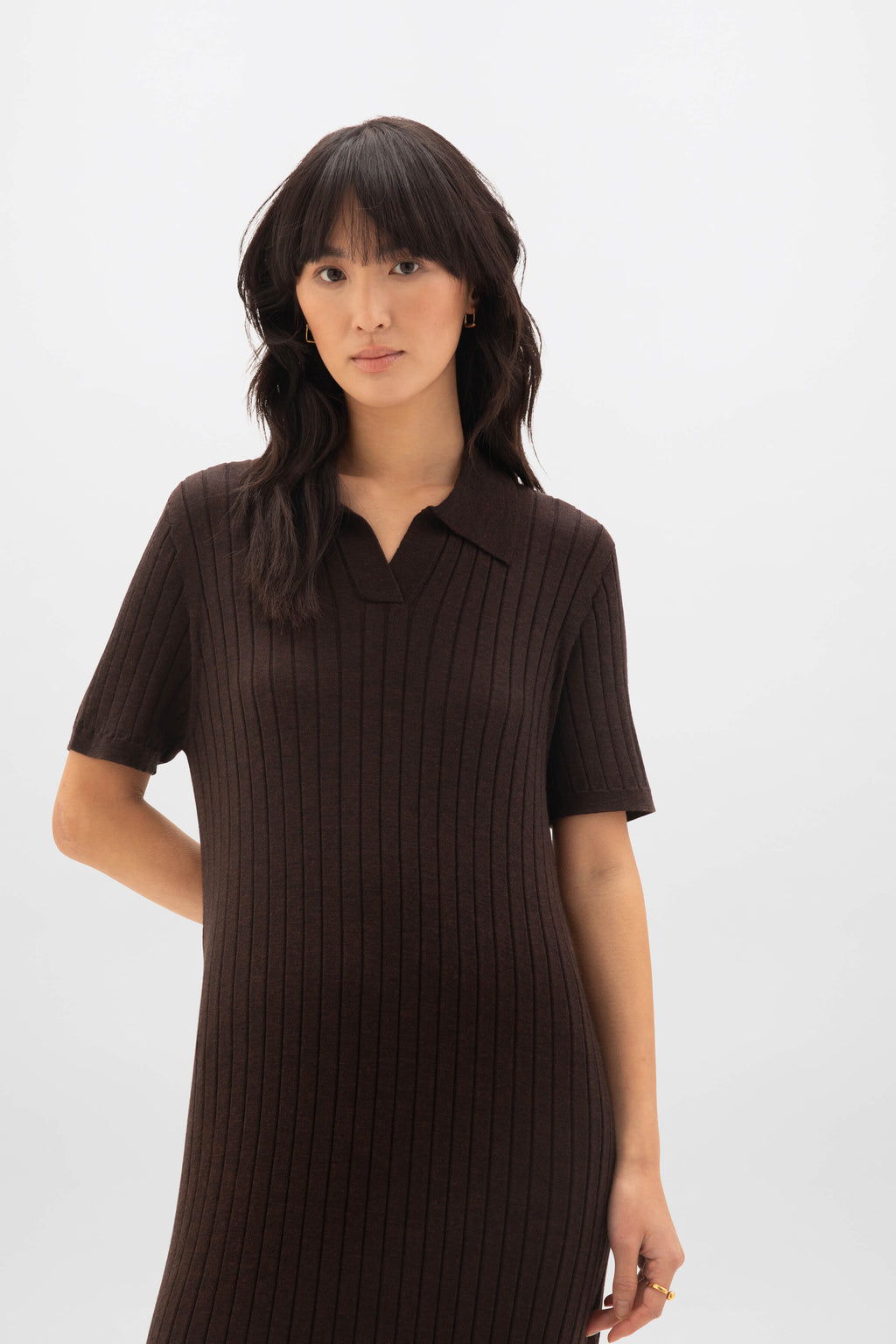 Johnstons of Elgin - Superfine Merino Ribbed Dark Brown Polo Shirt Dress