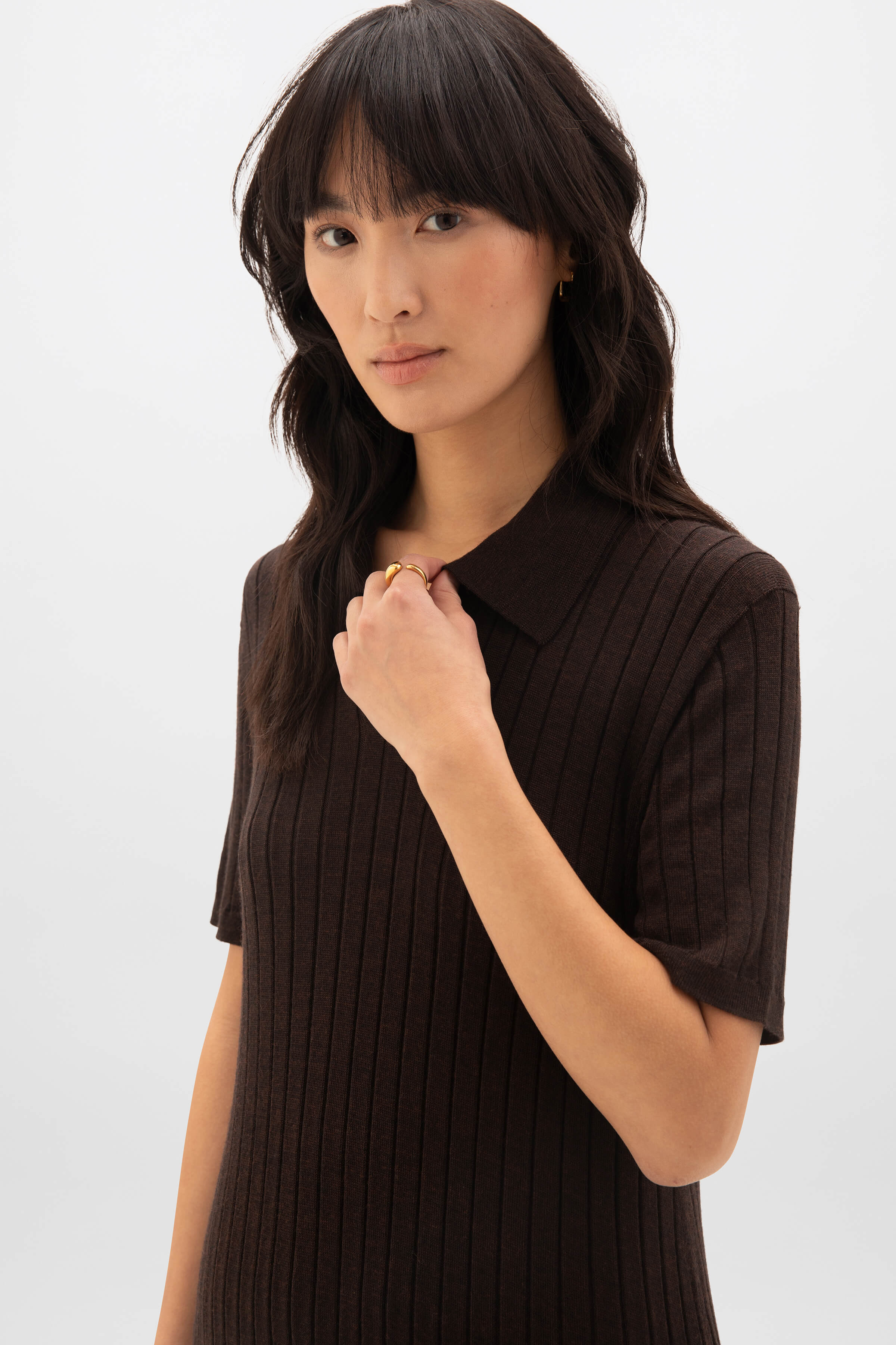 Johnstons of Elgin - Superfine Merino Ribbed Dark Brown Polo Shirt Dress