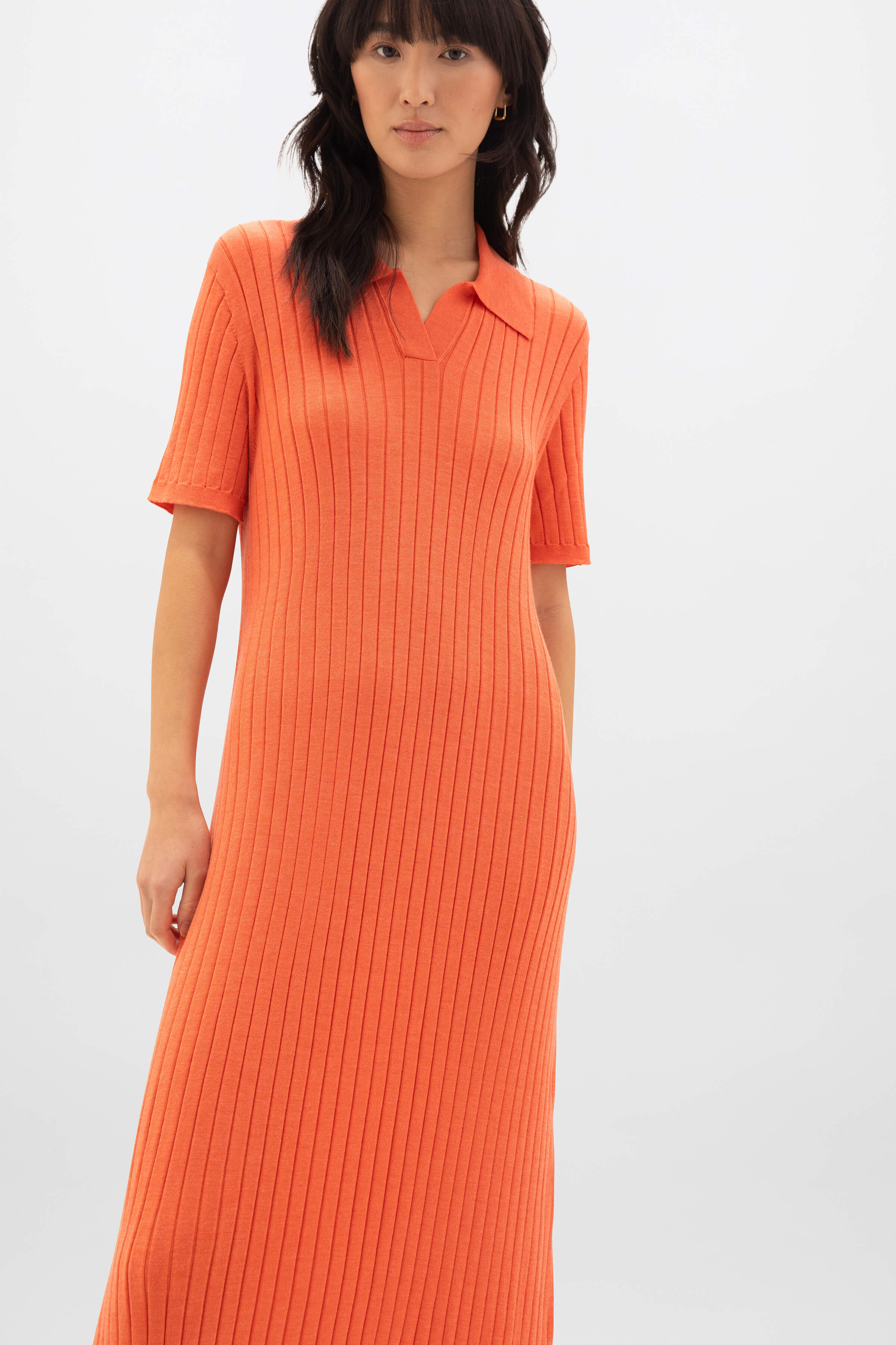 Johnstons of Elgin - Superfine Merino Ribbed Orange Polo Shirt Dress