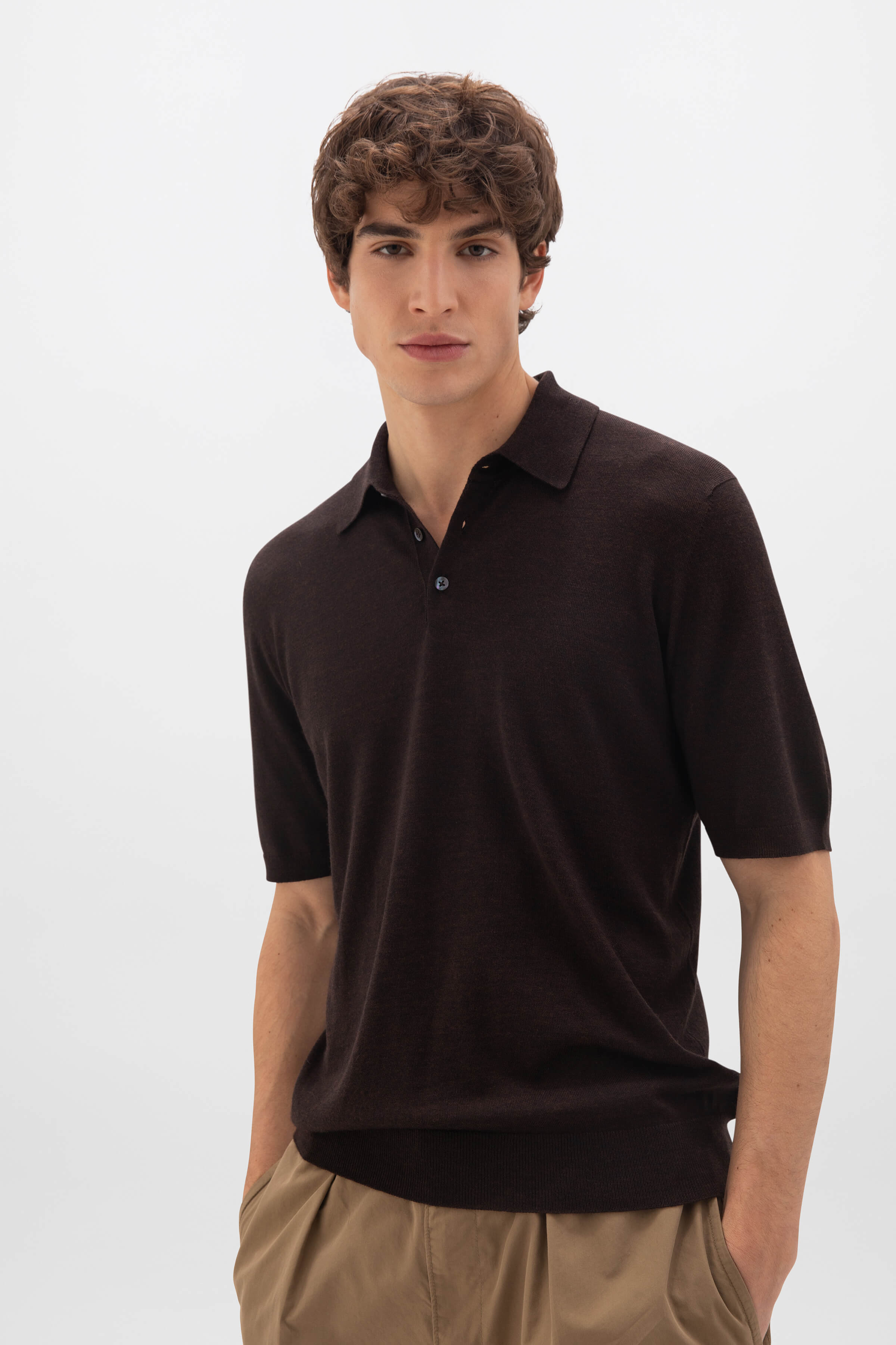 Johnstons of Elgin - Superfine Merino Dark Brown Polo Shirt