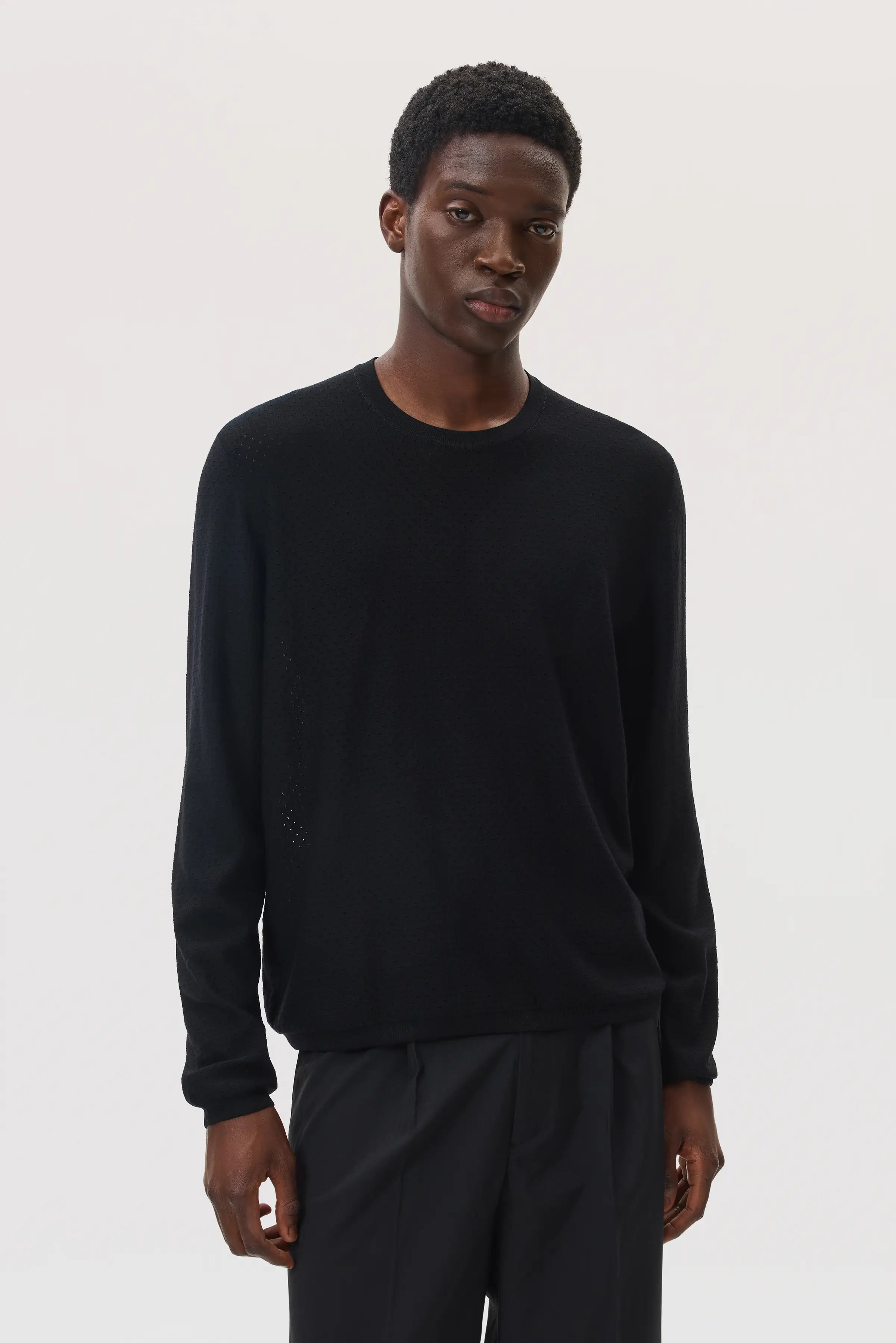 Johnstons of Elgin - Superfine Merino Mesh Black Crew Neck