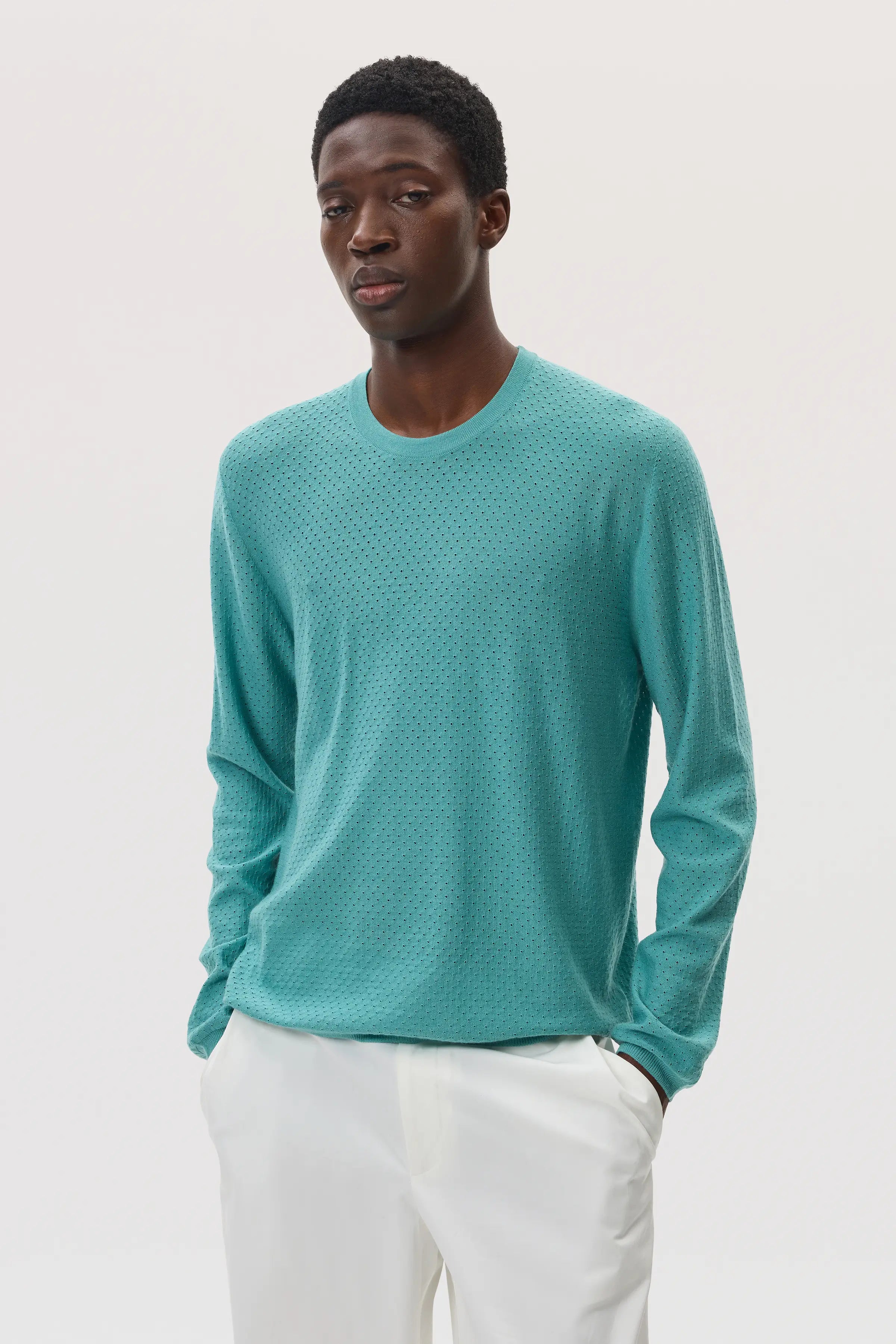 Johnstons of Elgin - Superfine Merino Mesh Green Crew Neck Jumper