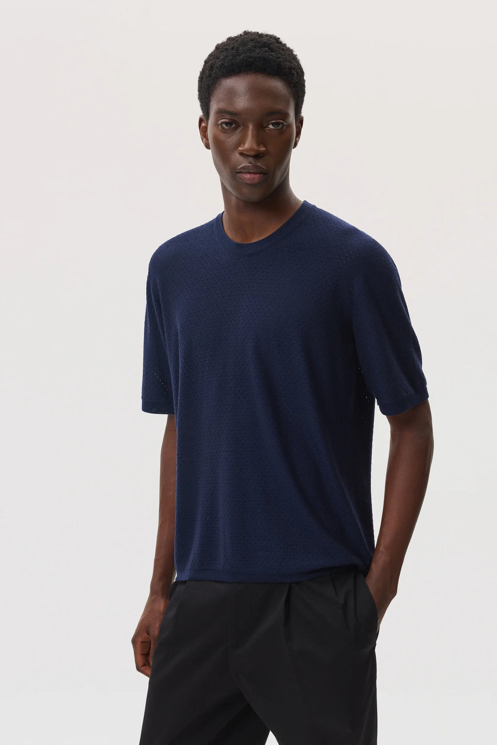 Johnstons of Elgin - Superfine Merino Mesh Dark Navy T - Shirt