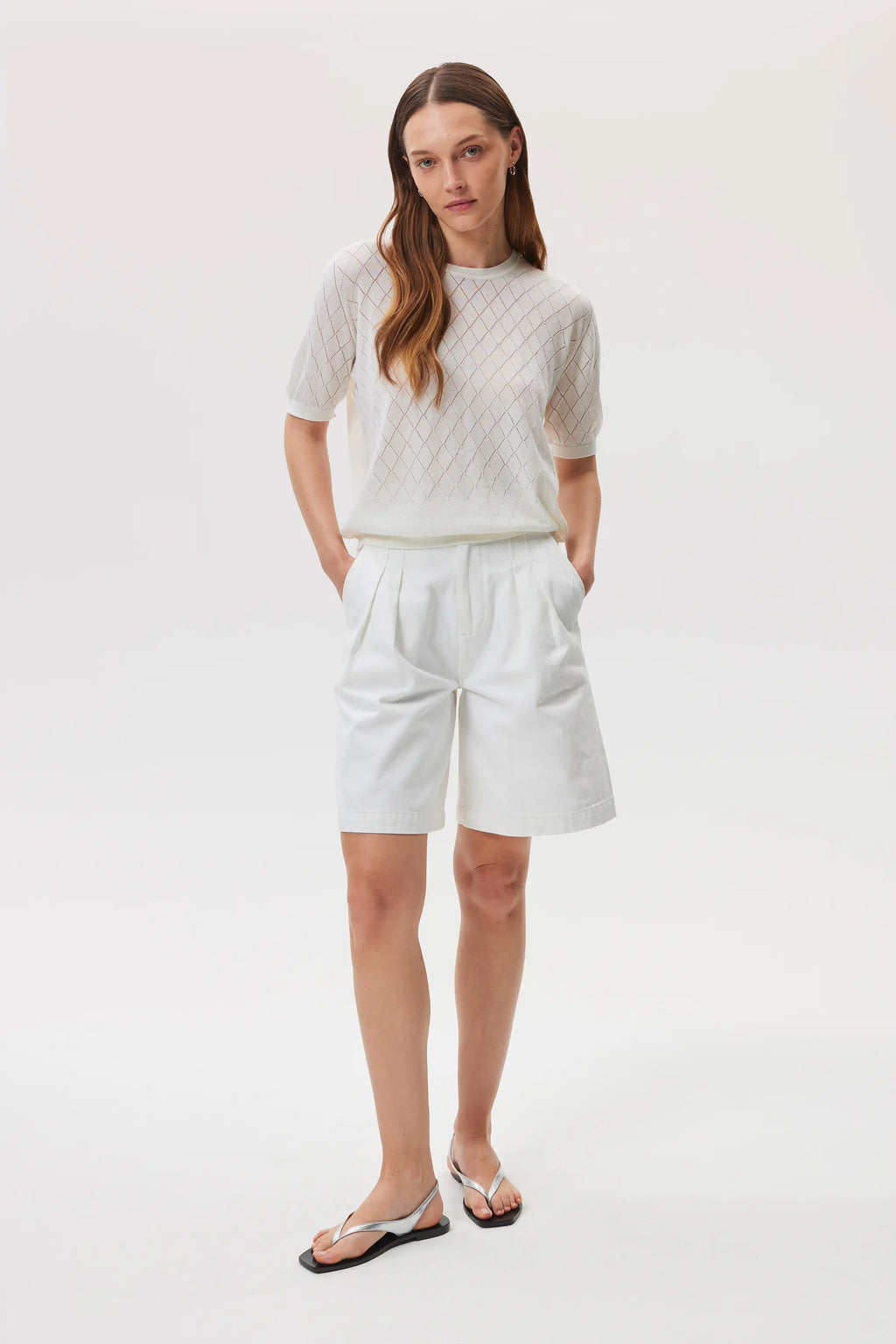 Johnstons of Elgin - Superfine Merino Pointelle Argyle White T - Shirt