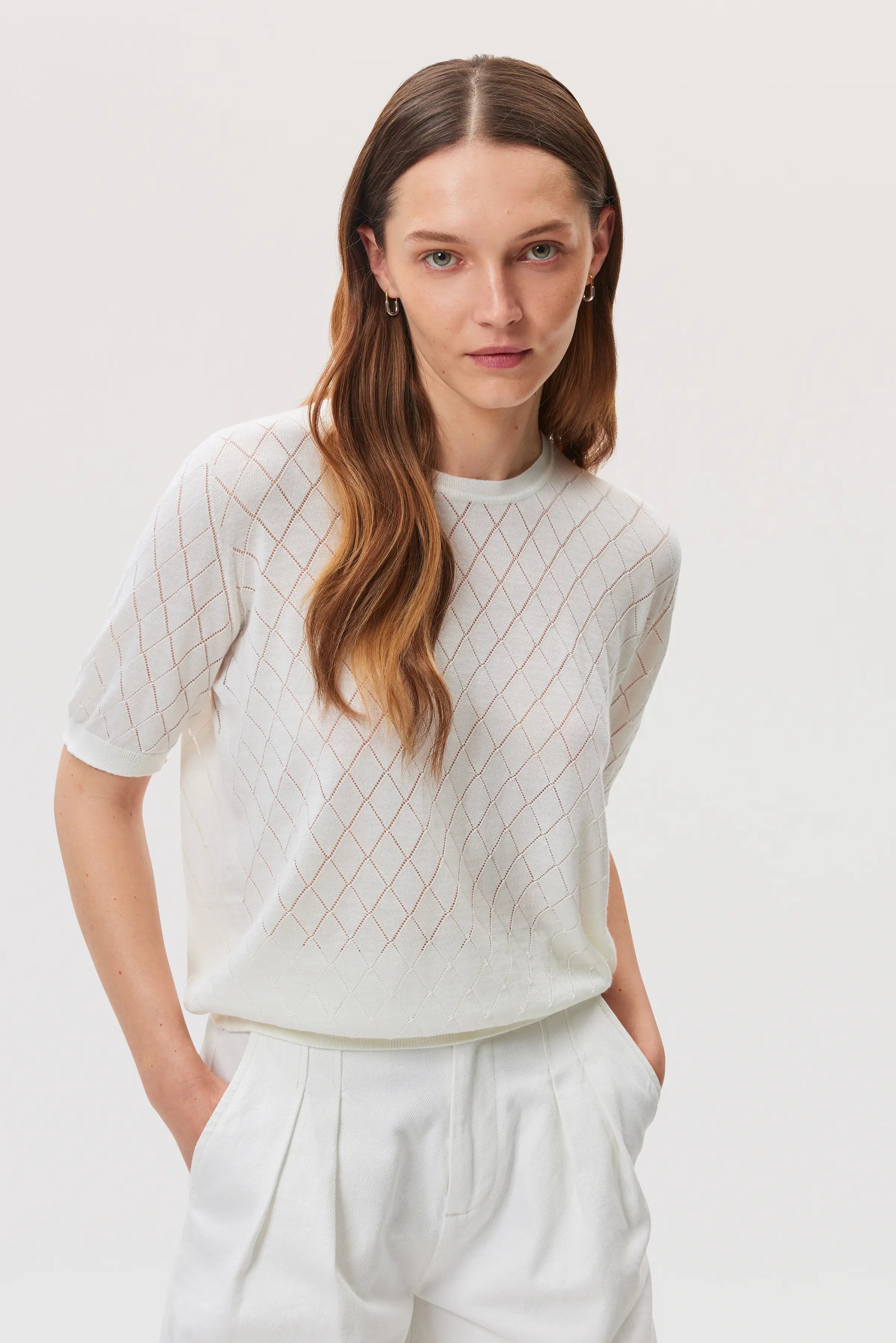 Johnstons of Elgin - Superfine Merino Pointelle Argyle White T - Shirt
