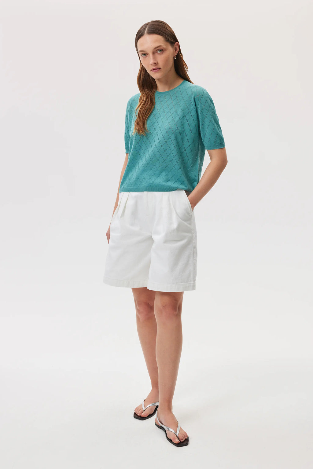 Johnstons of Elgin - Superfine Merino Pointelle Argyle Green T - Shirt
