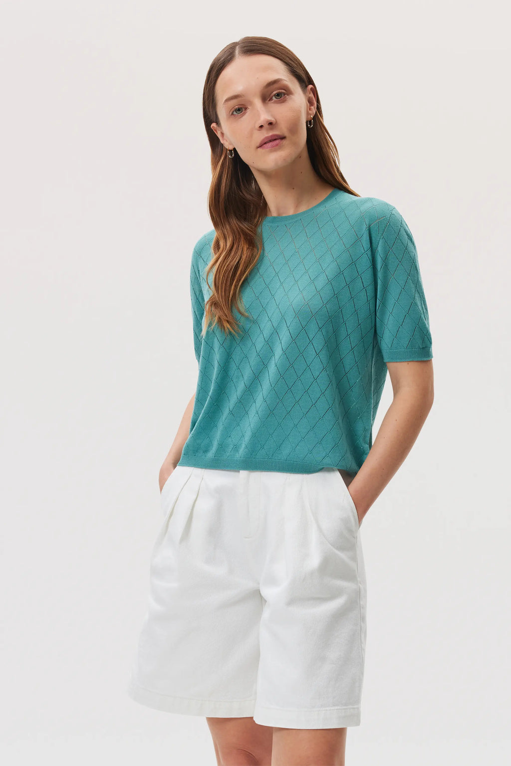 Johnstons of Elgin - Superfine Merino Pointelle Argyle Green T - Shirt