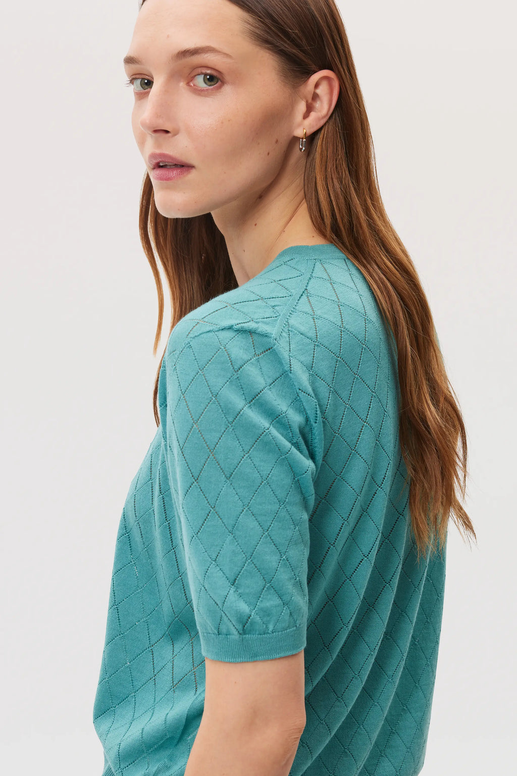 Johnstons of Elgin - Superfine Merino Pointelle Argyle Green T - Shirt
