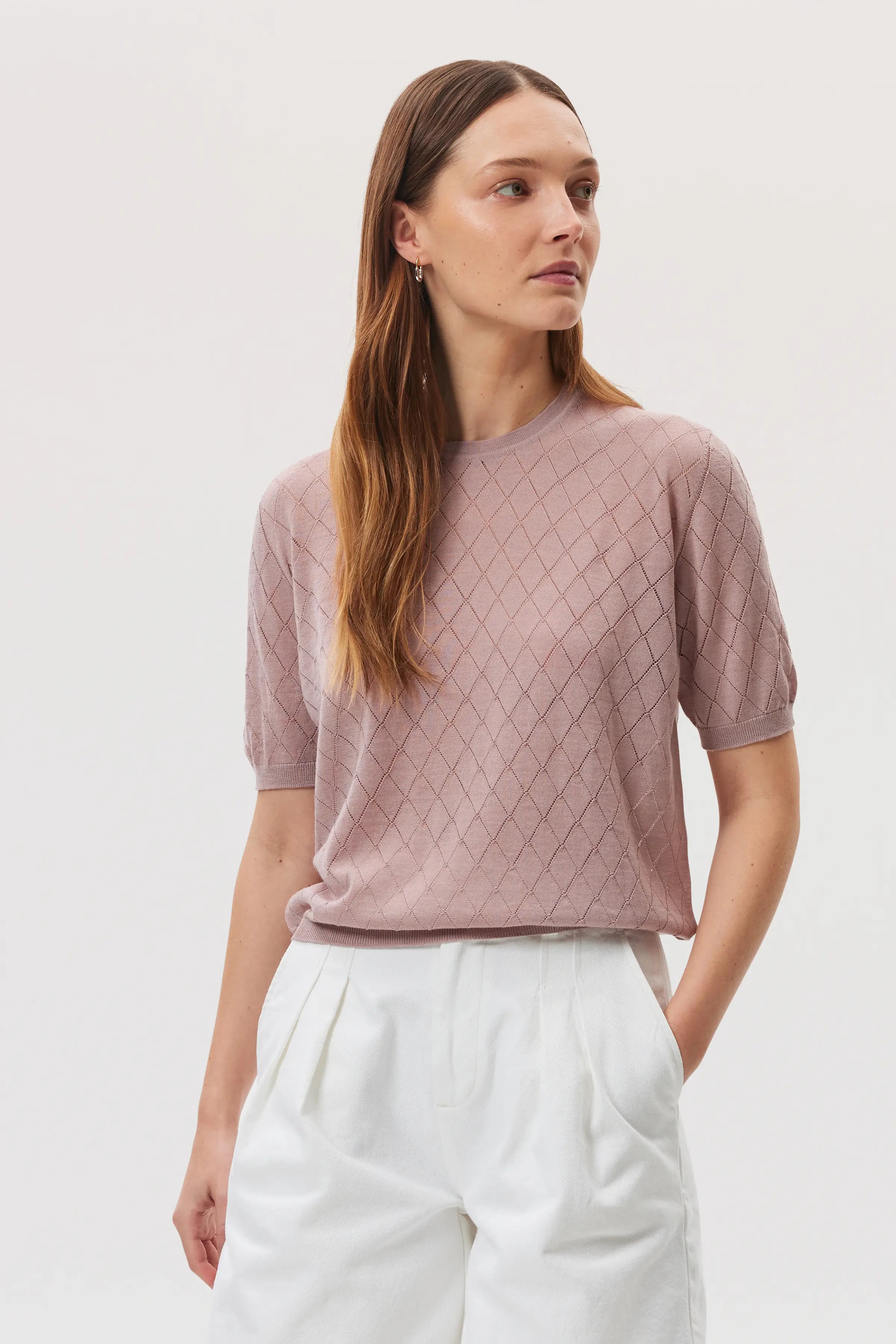 Johnstons of Elgin - Superfine Merino Pointelle Argyle T - Shirt
